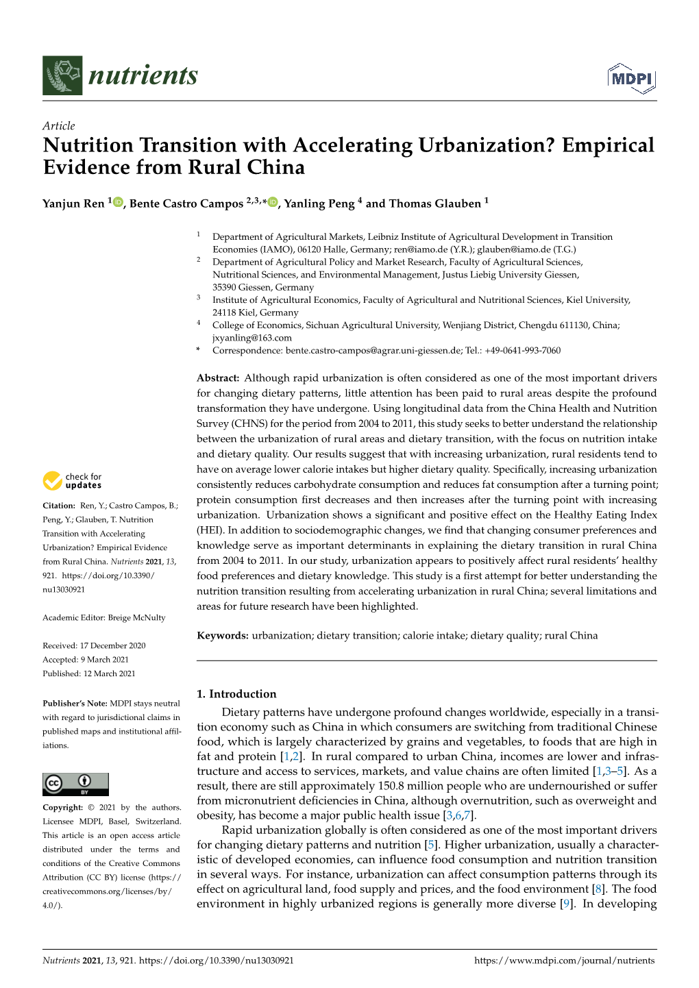 Nutrition Transition with Accelerating Urbanization? Empirical Evidence from Rural China