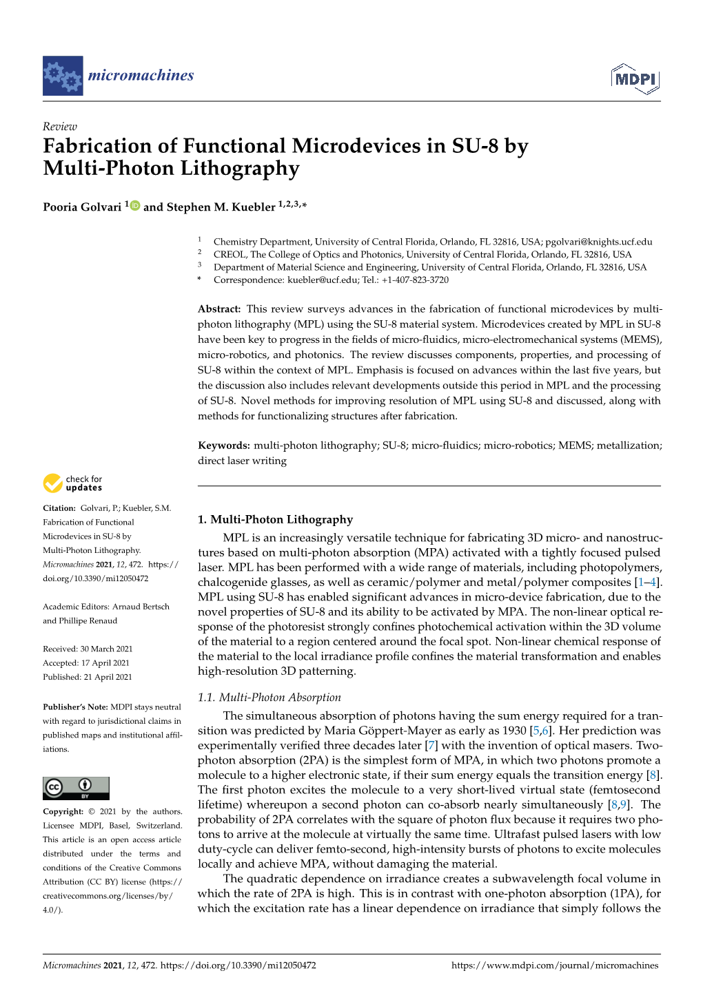 Fabrication of Functional Microdevices in SU-8 by Multi-Photon Lithography