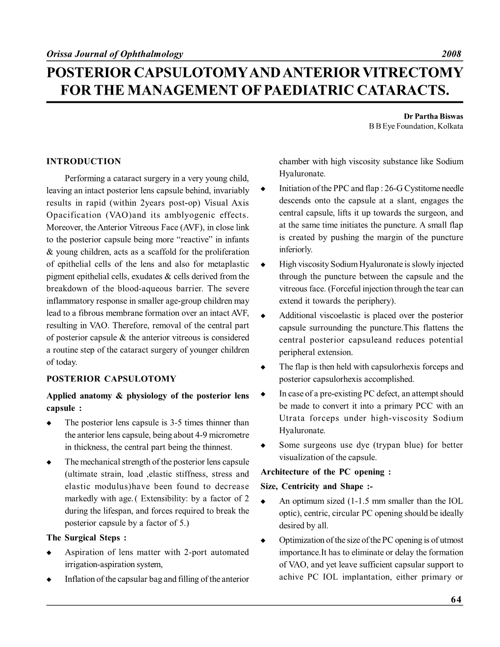 Posterior Capsulotomy and Anterior Vitrectomy for the Management of Paediatric Cataracts