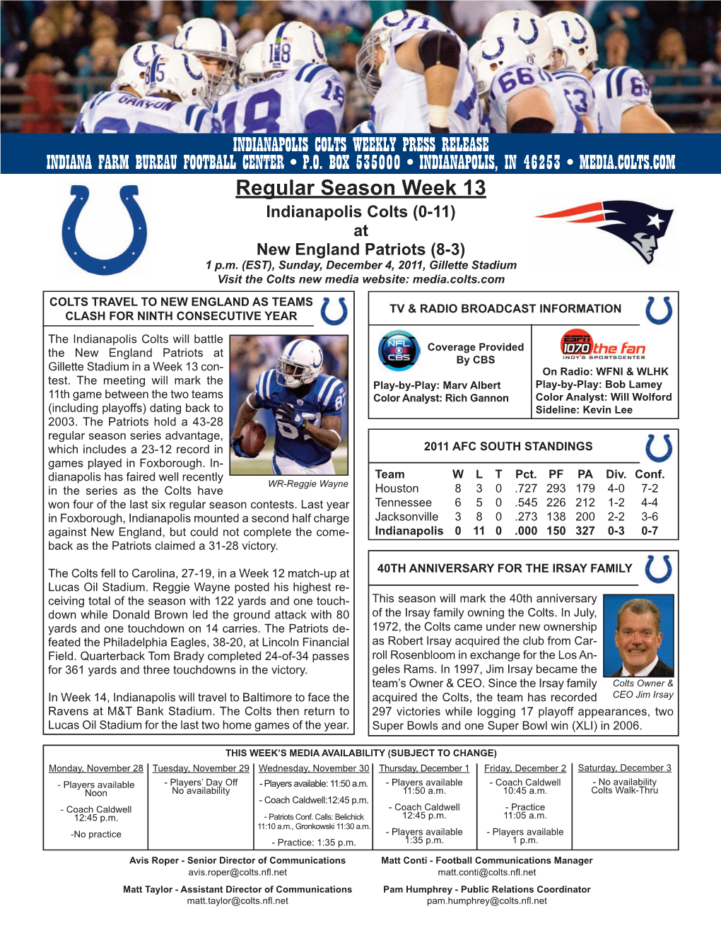 Regular Season Week 13 INDIANAPOLIS COLTS WEEKLY