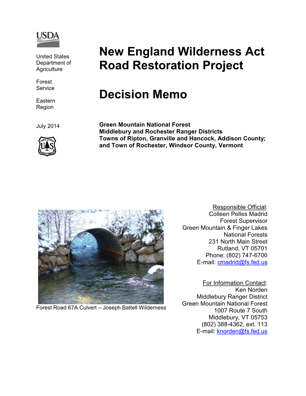 New England Wilderness Act Road Restoration Project Decision Memo