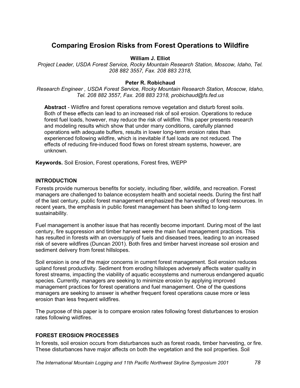 Comparing Erosion Risks from Forest Operations to Wildfire