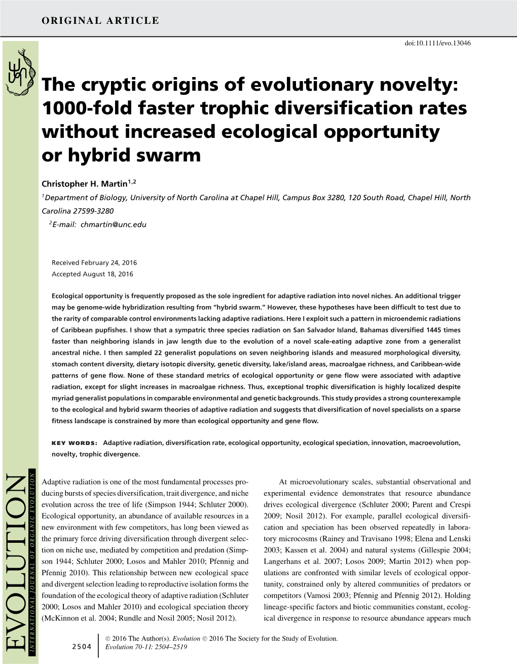 The Cryptic Origins of Evolutionary Novelty: 1000-Fold Faster Trophic Diversiﬁcation Rates Without Increased Ecological Opportunity Or Hybrid Swarm