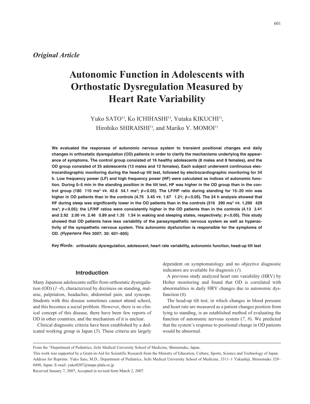 Autonomic Function in Adolescents with Orthostatic Dysregulation Measured by Heart Rate Variability
