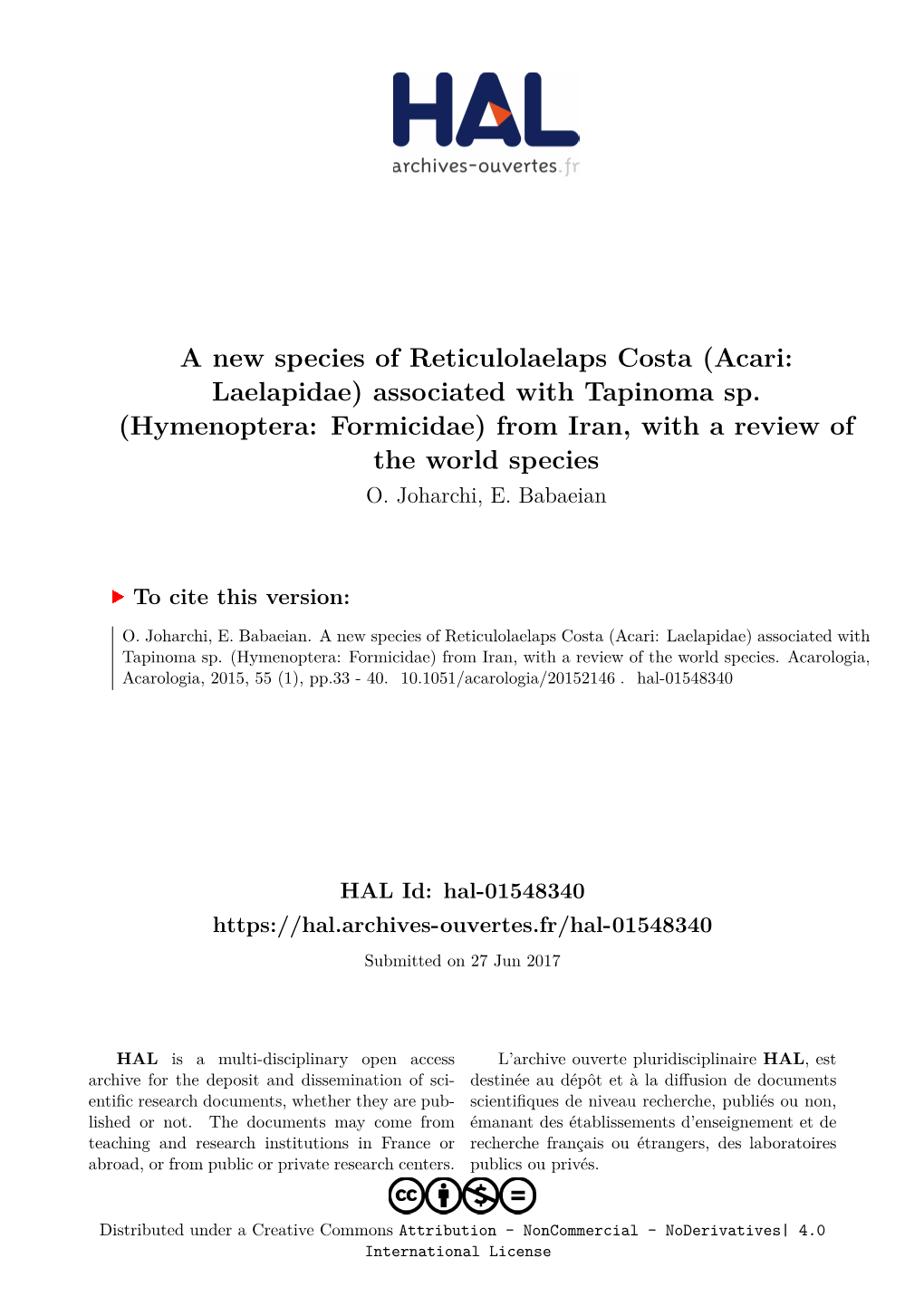 Hymenoptera: Formicidae) from Iran, with a Review of the World Species O