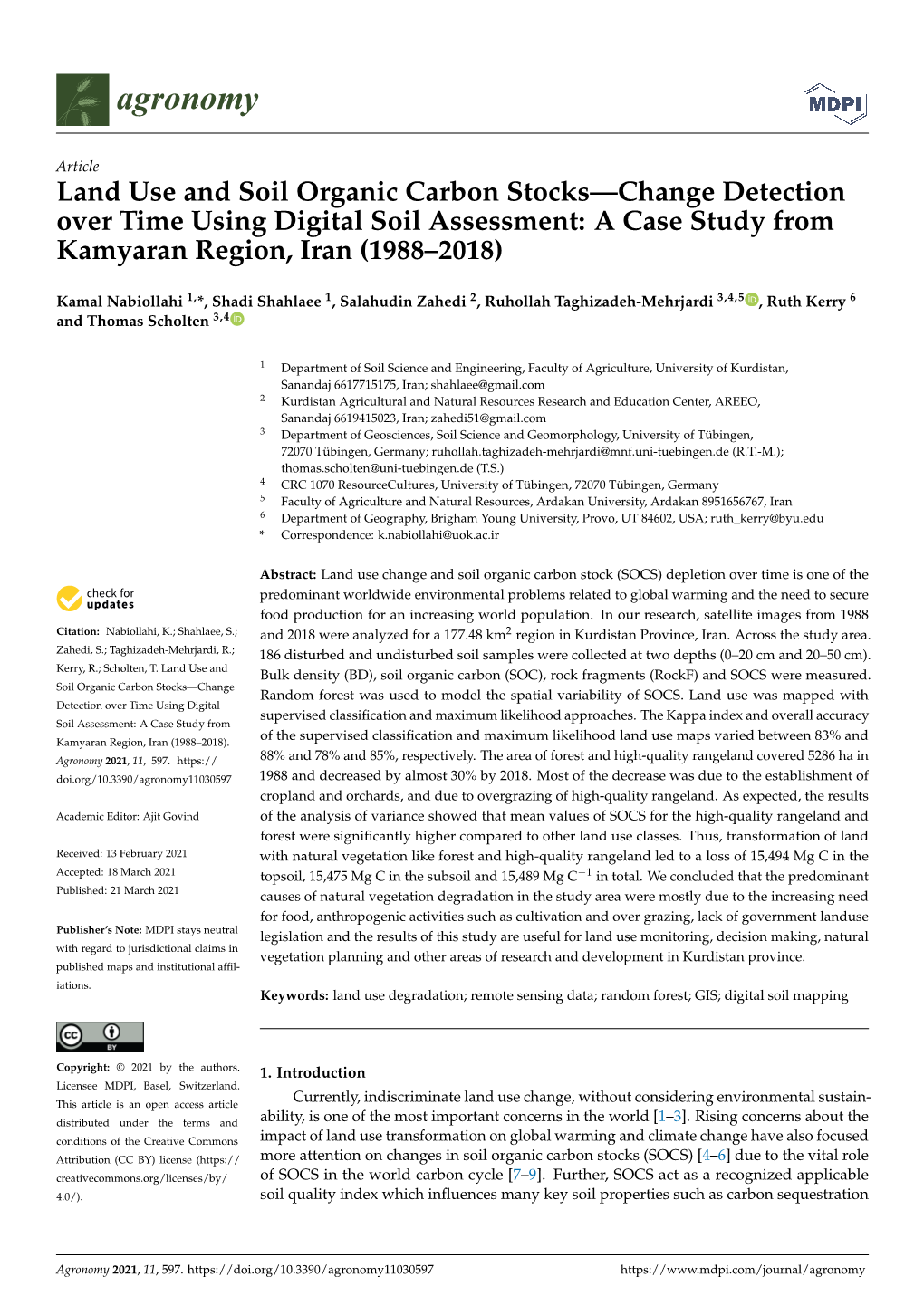 Land Use and Soil Organic Carbon Stocks—Change Detection Over Time Using Digital Soil Assessment: a Case Study from Kamyaran Region, Iran (1988–2018)