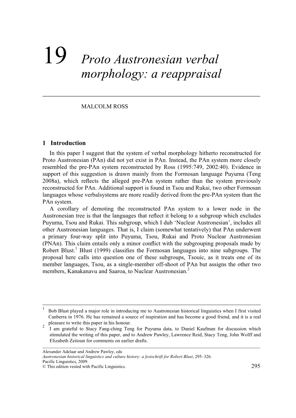 19 Proto Austronesian Verbal Morphology: a Reappraisal