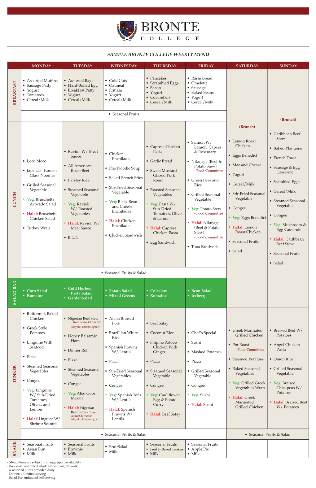 Sample Bronte College Weekly Menu