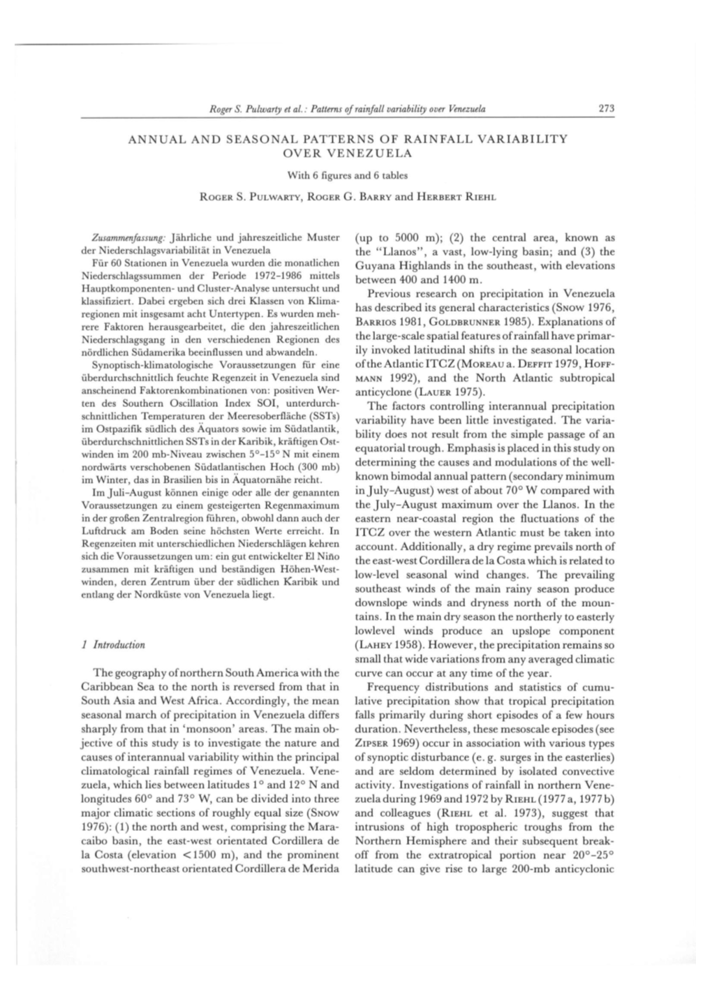 Roger S. Pulwarty Et Al.: Patterns of Rainfall Variability Over Venezuela 273