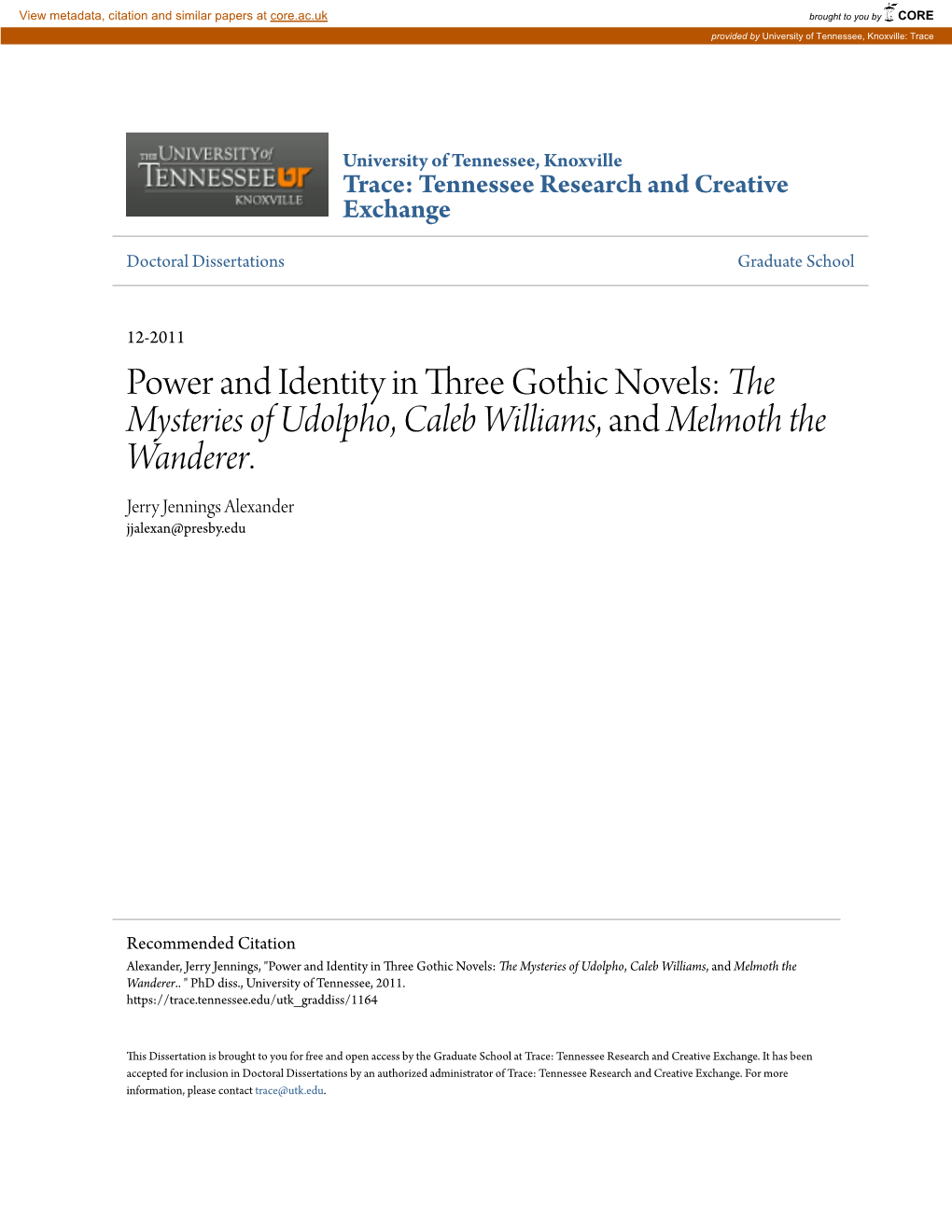Power and Identity in Three Gothic Novels: &lt;I&gt;The Mysteries Of