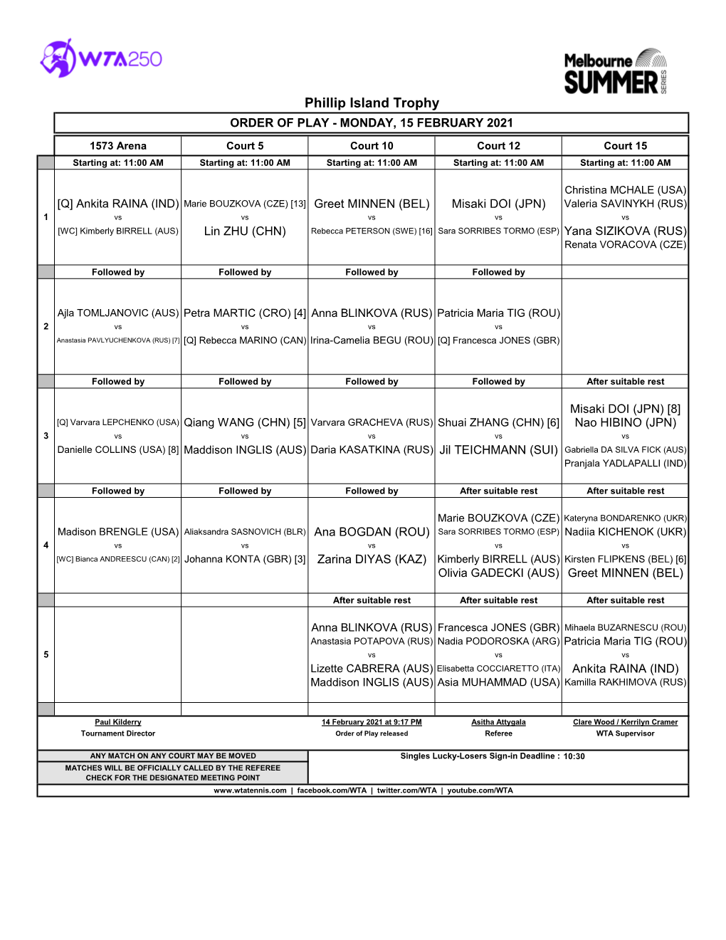 Phillip Island Trophy ORDER of PLAY - MONDAY, 15 FEBRUARY 2021