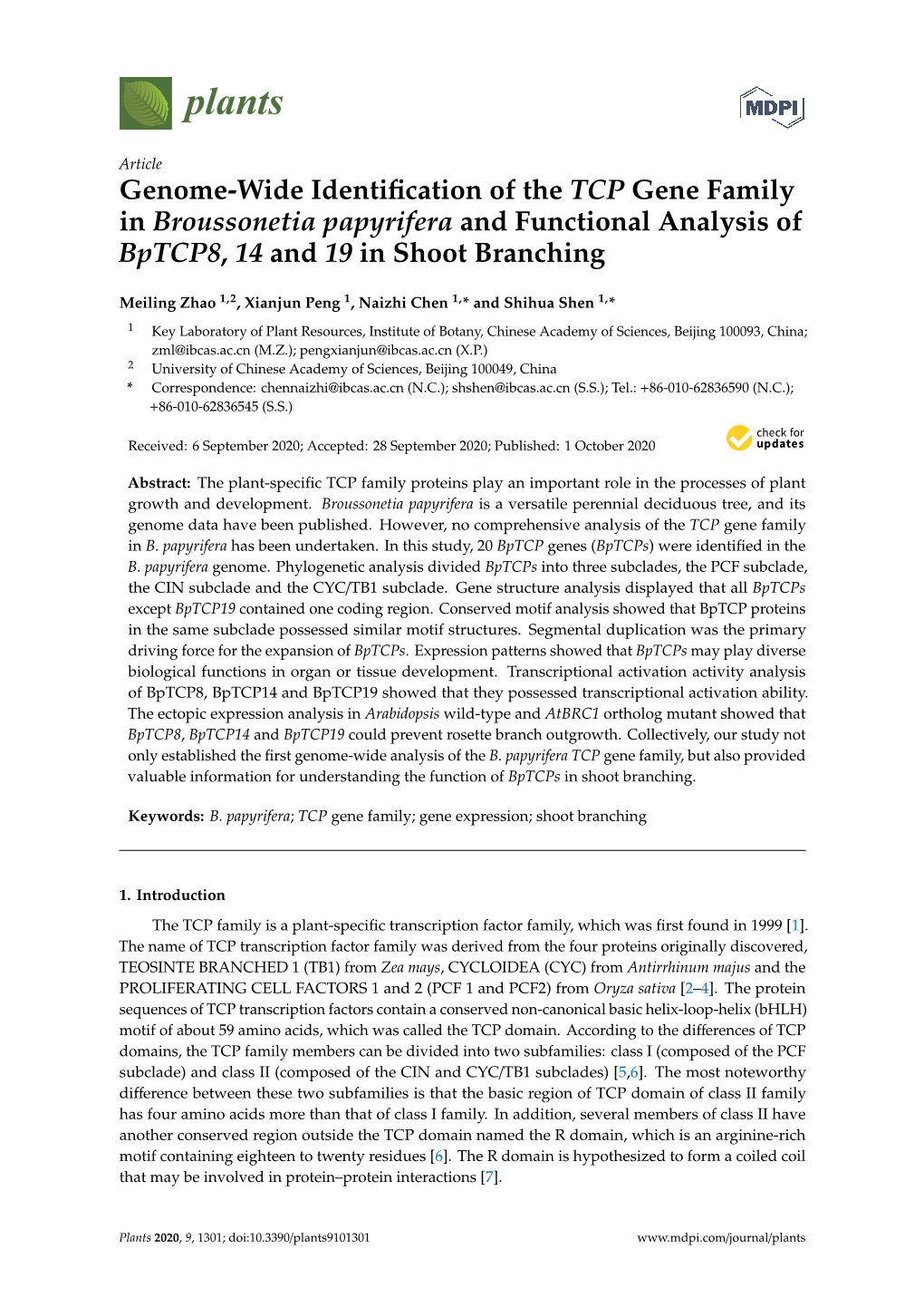 Genome-Wide Identification of the TCP Gene Family in Broussonetia Papyrifera and Functional Analysis of Bptcp8, 14 and 19 In