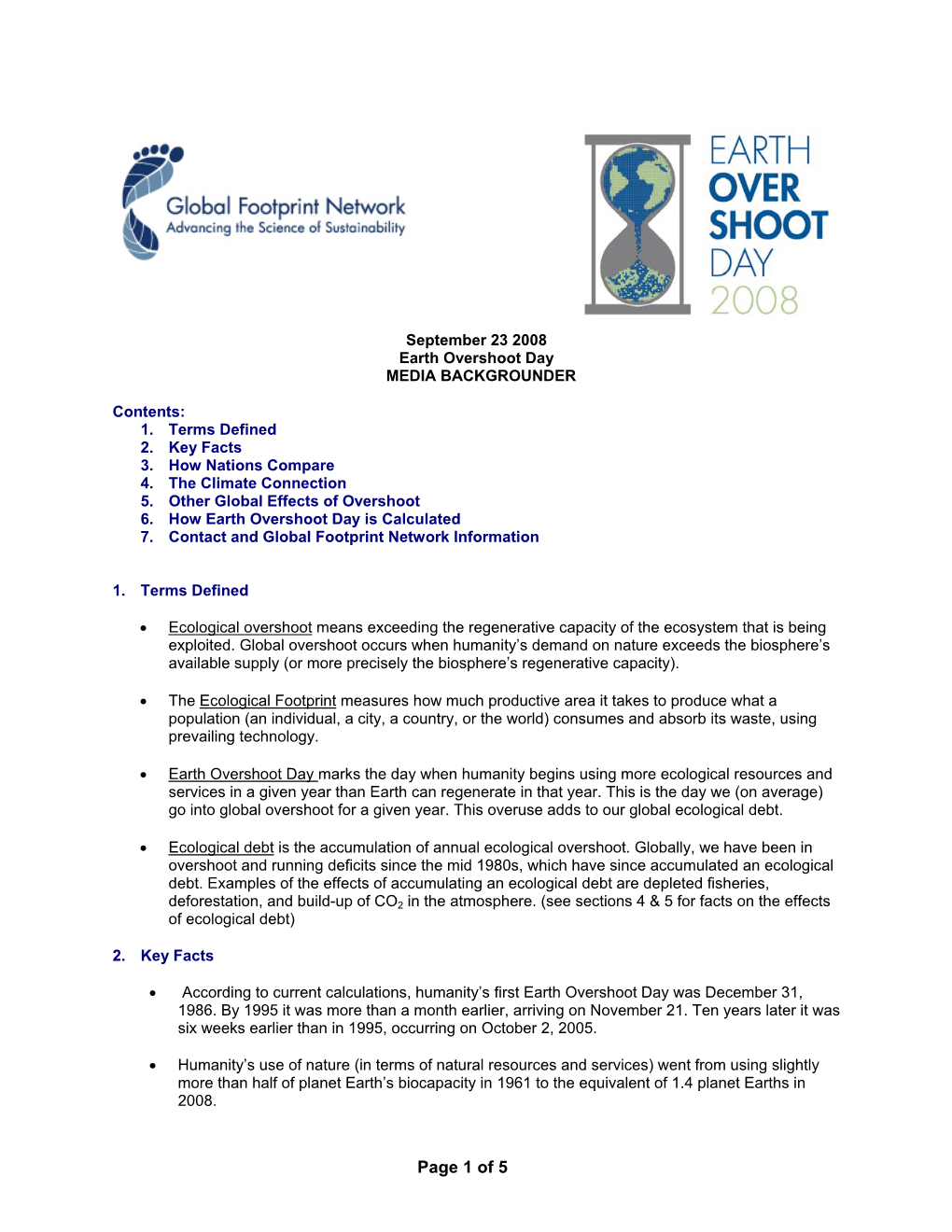 September 23 2008 Earth Overshoot Day MEDIA BACKGROUNDER