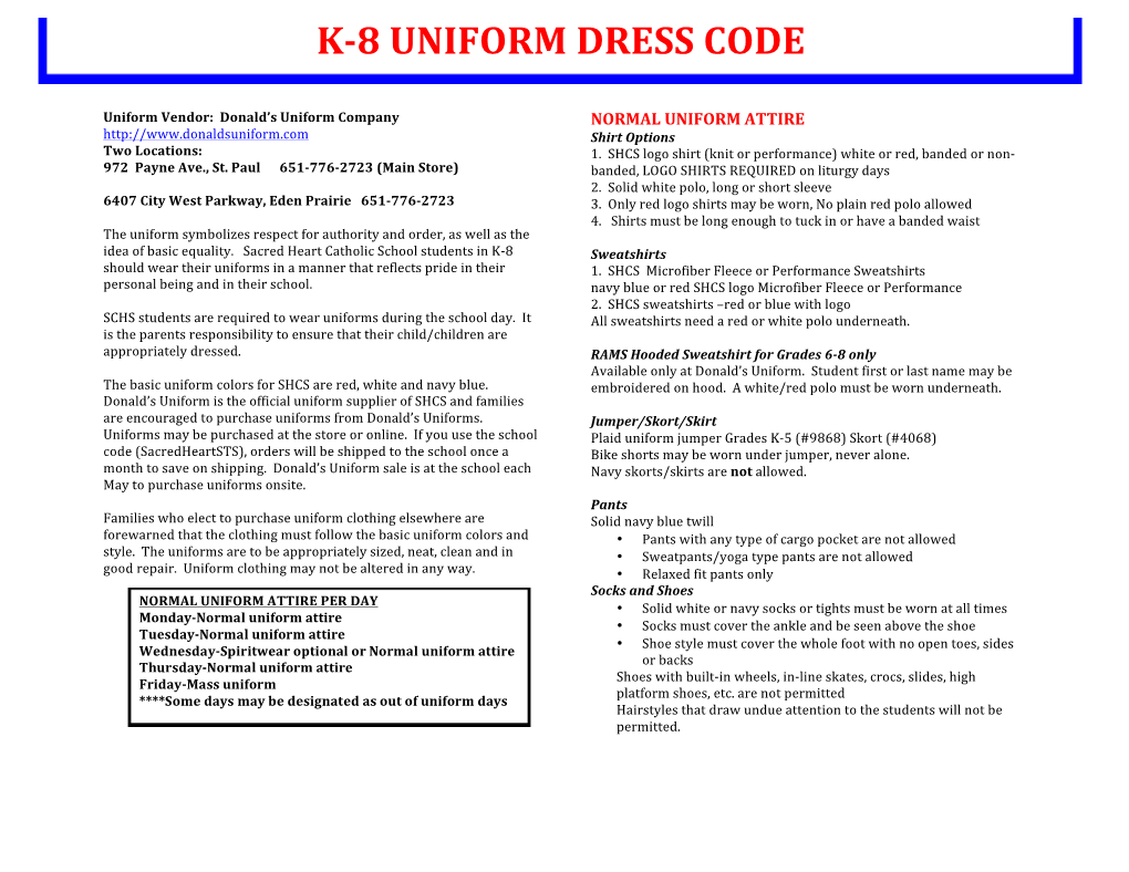 K-‐8 Uniform Dress Code