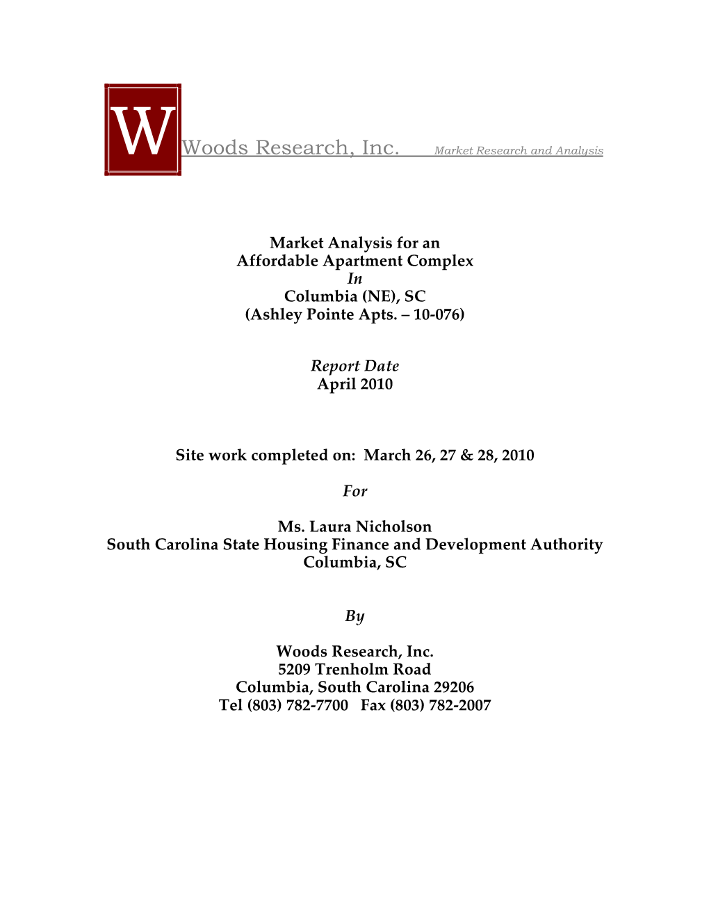 Market Analysis for an Affordable Apartment Complex in Columbia (NE), SC (Ashley Pointe Apts