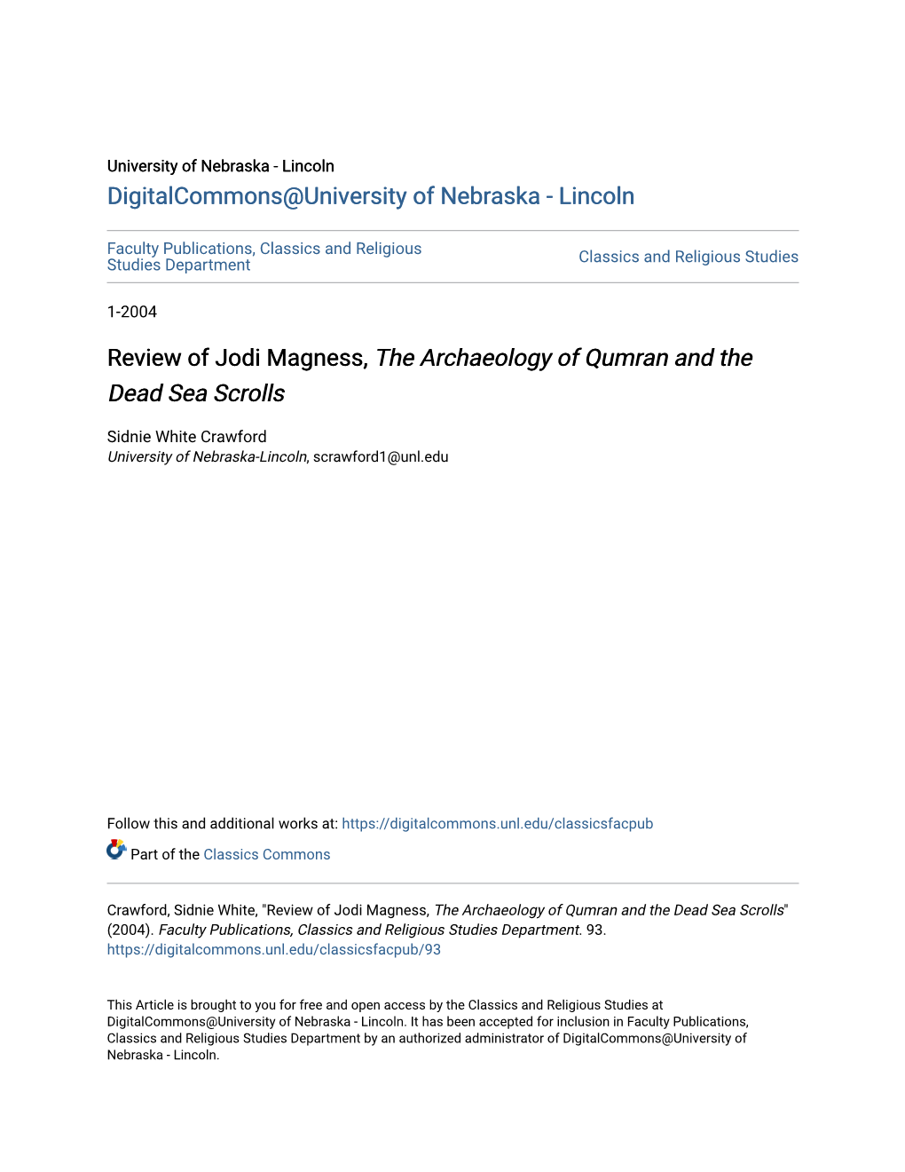 Review of Jodi Magness, the Archaeology of Qumran and the Dead Sea Scrolls