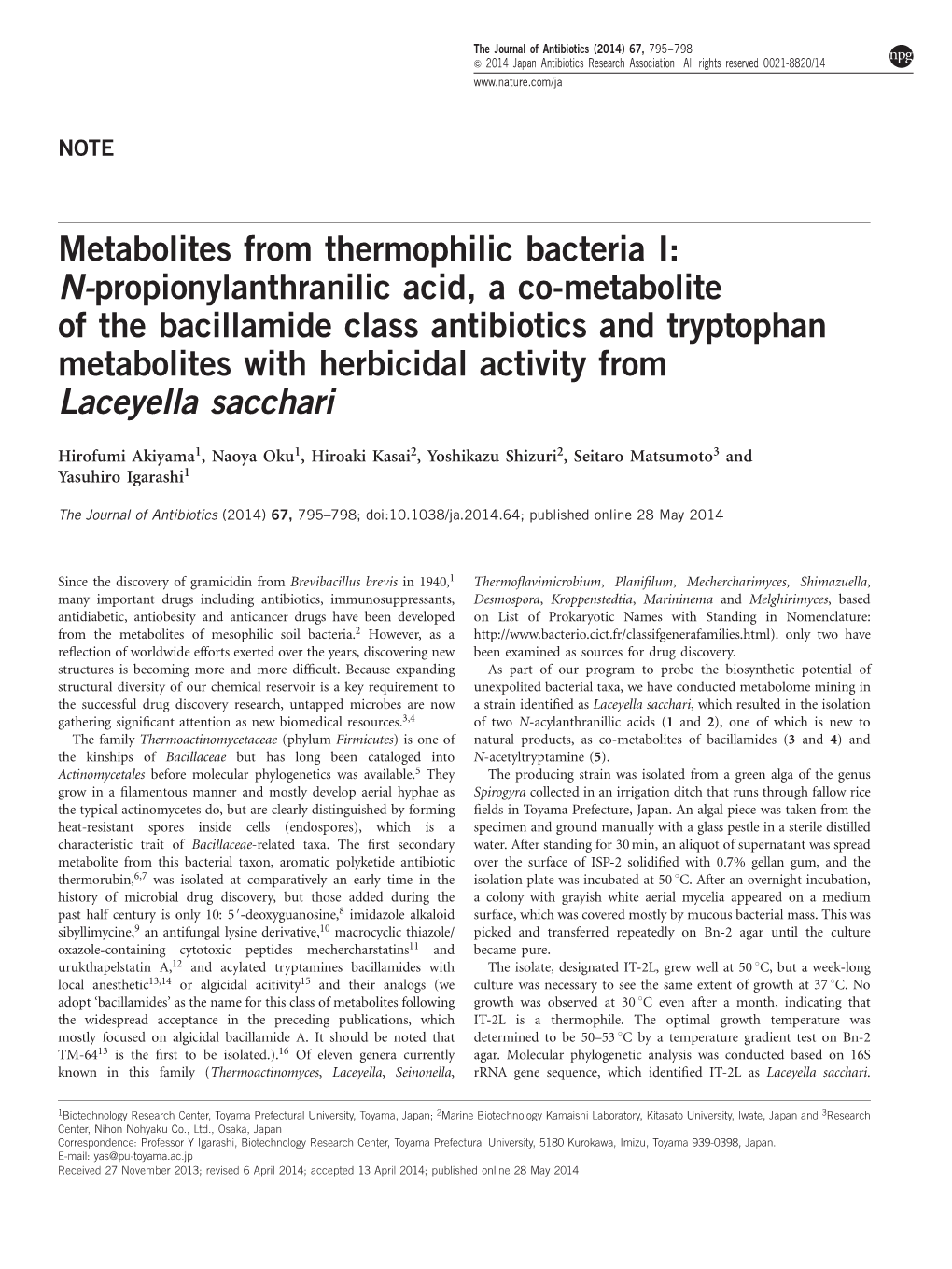 Metabolites from Thermophilic Bacteria I