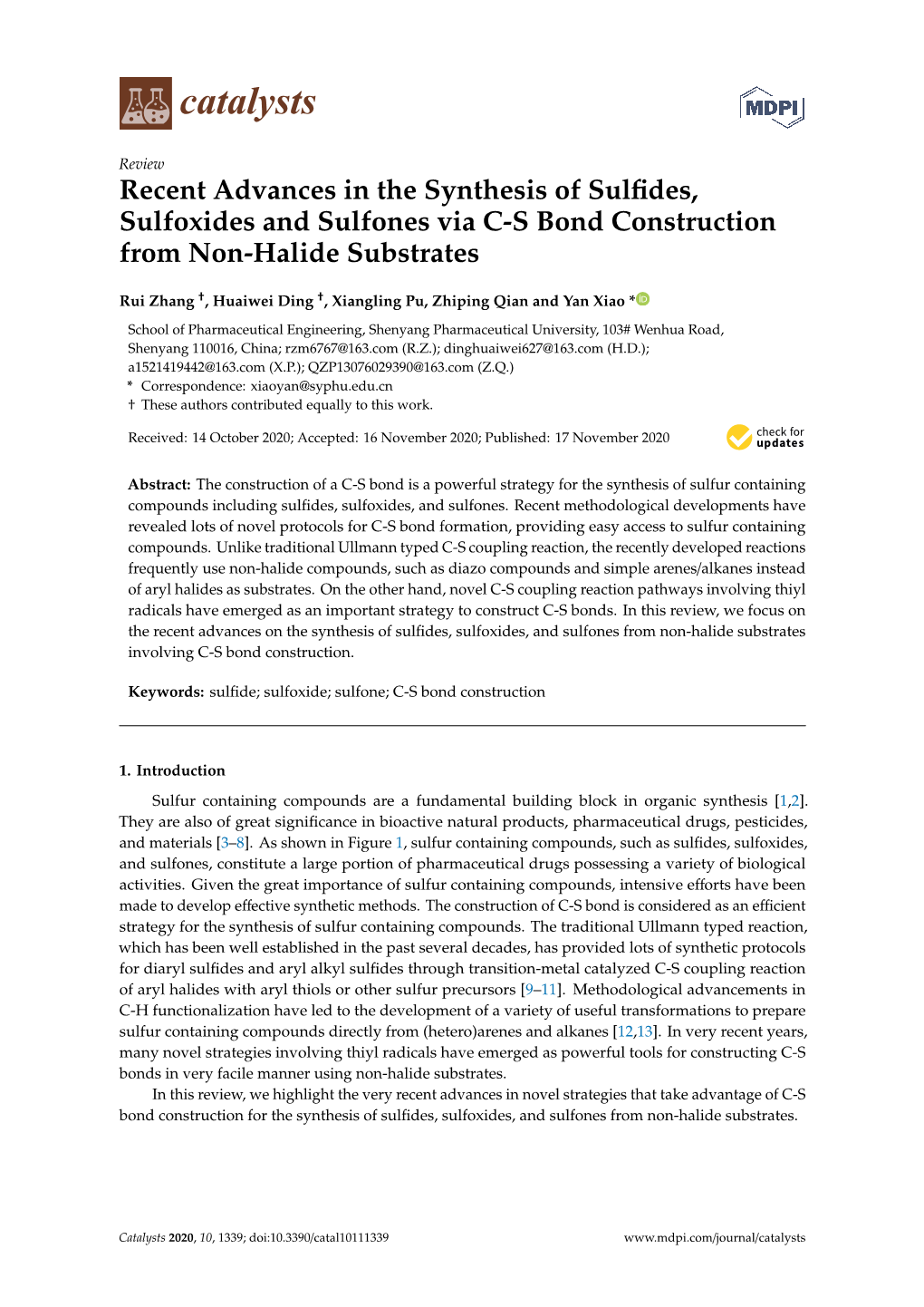 Recent Advances in the Synthesis of Sulfides, Sulfoxides and Sulfones