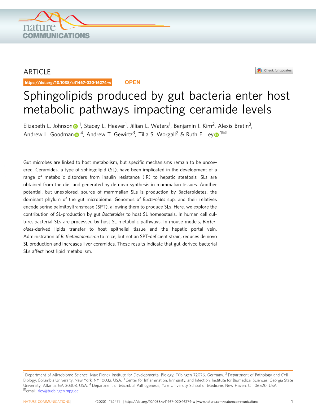 Sphingolipids Produced by Gut Bacteria Enter Host Metabolic Pathways Impacting Ceramide Levels