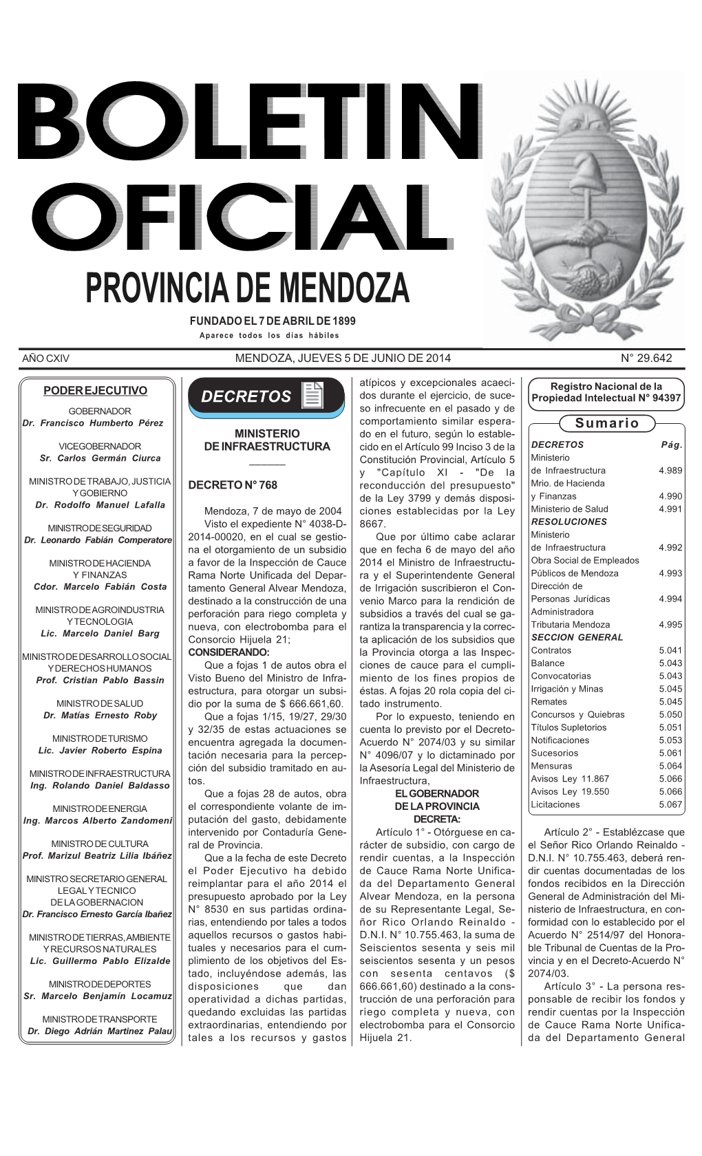 PROVINCIA DE MENDOZA FUNDADO EL 7 DE ABRIL DE 1899 Aparece Todos Los Días Hábiles