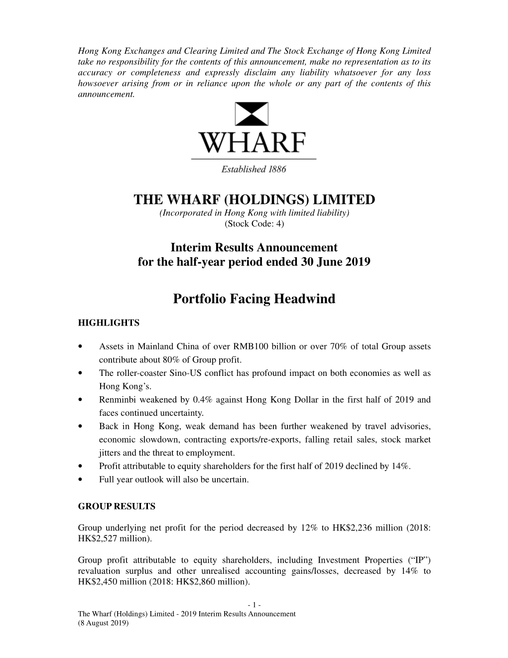 THE WHARF (HOLDINGS) LIMITED Portfolio Facing Headwind