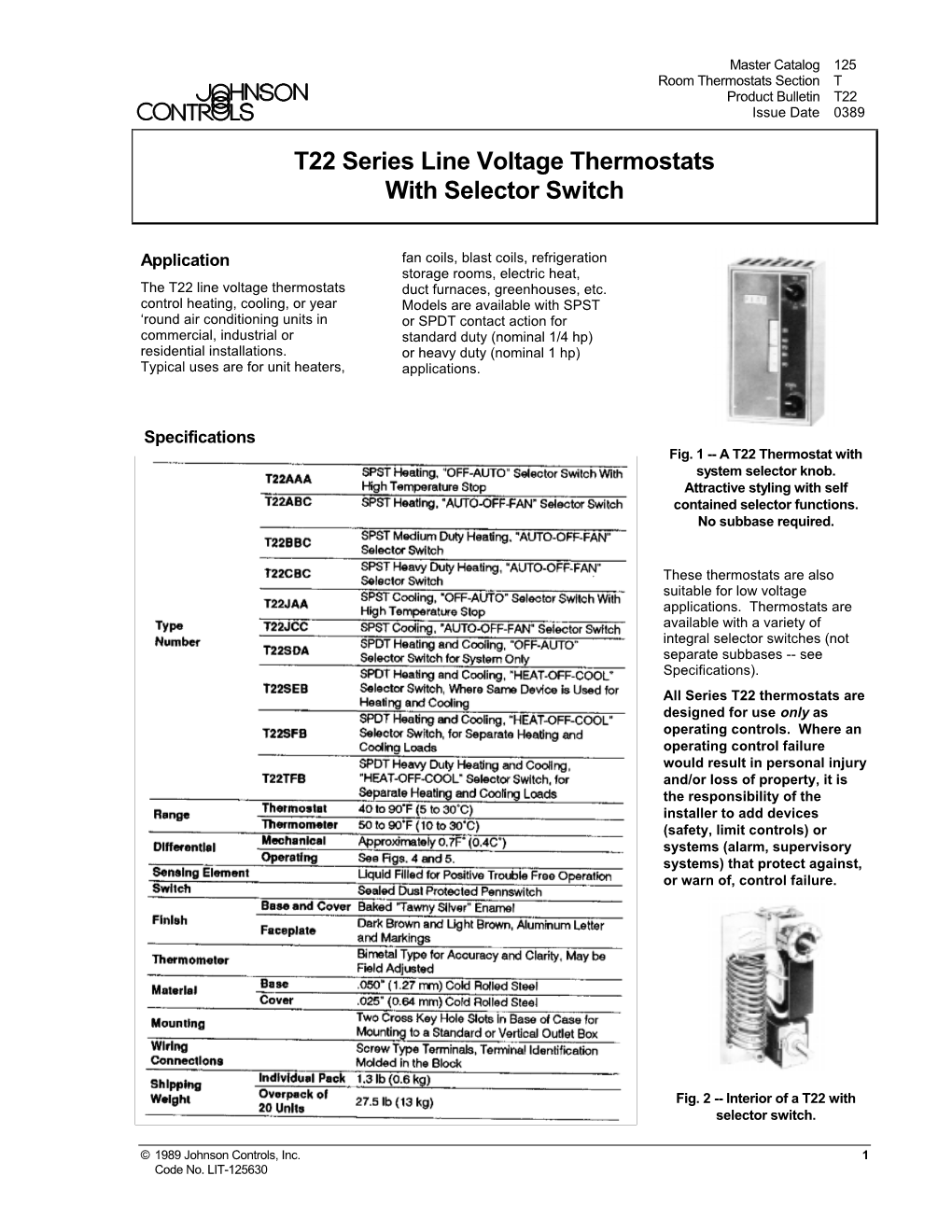 T22 Series Line Voltage Thermostats with Selector Switch