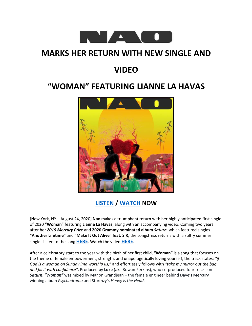 Marks Her Return with New Single and Video “Woman” Featuring Lianne La Havas