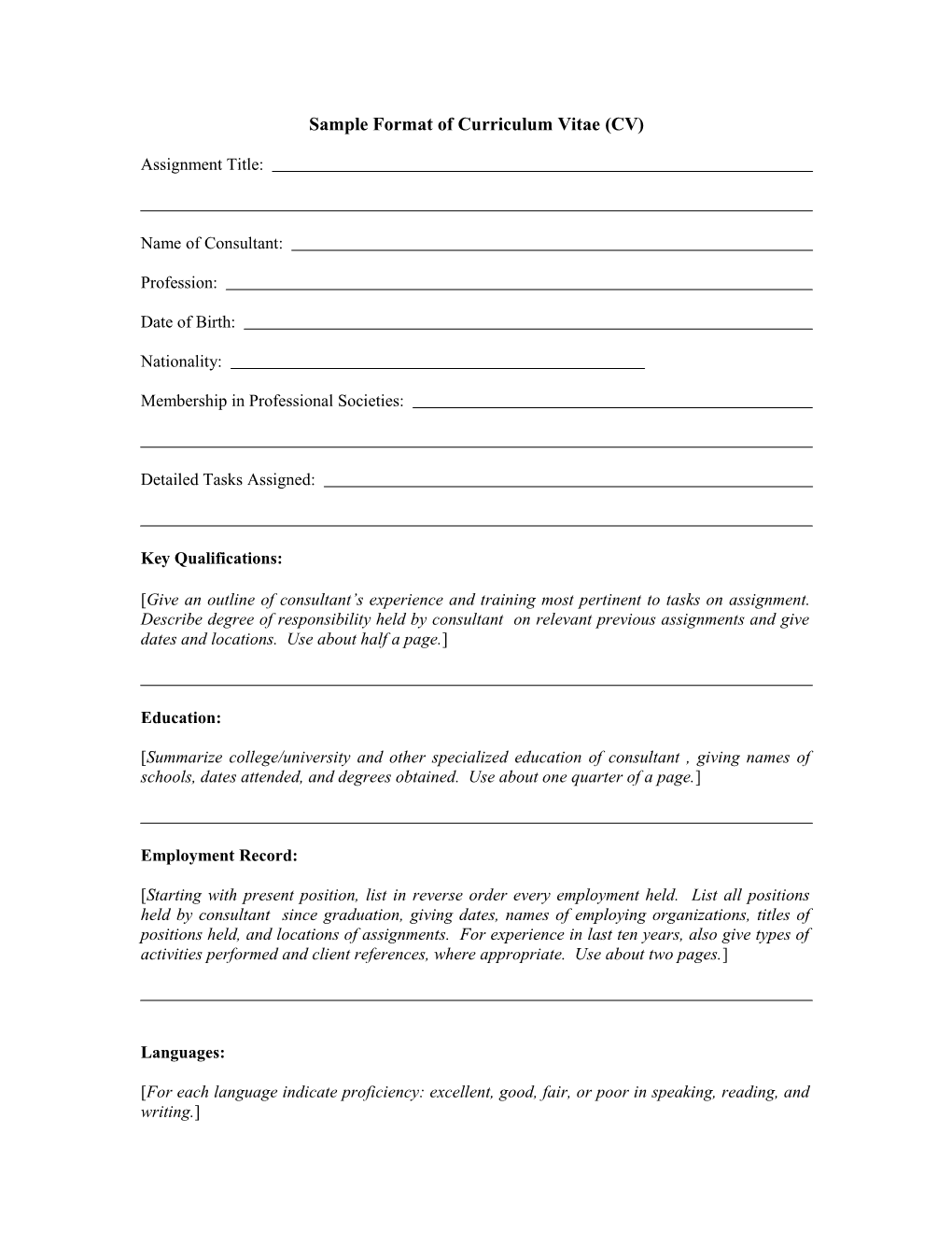 Sample Format of Curriculum Vitae (CV)