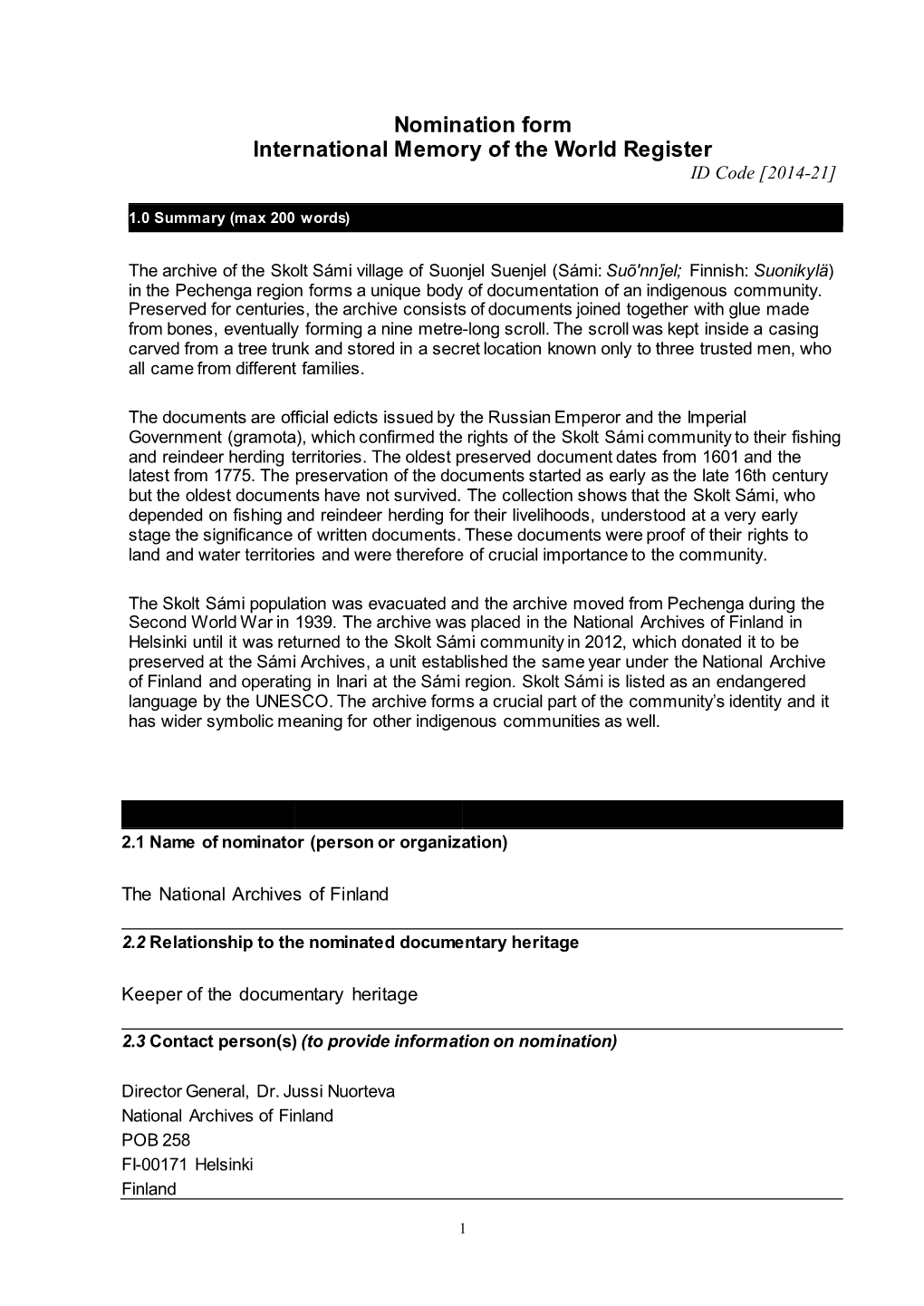 Nomination Form International Memory of the World Register ID Code [2014-21]