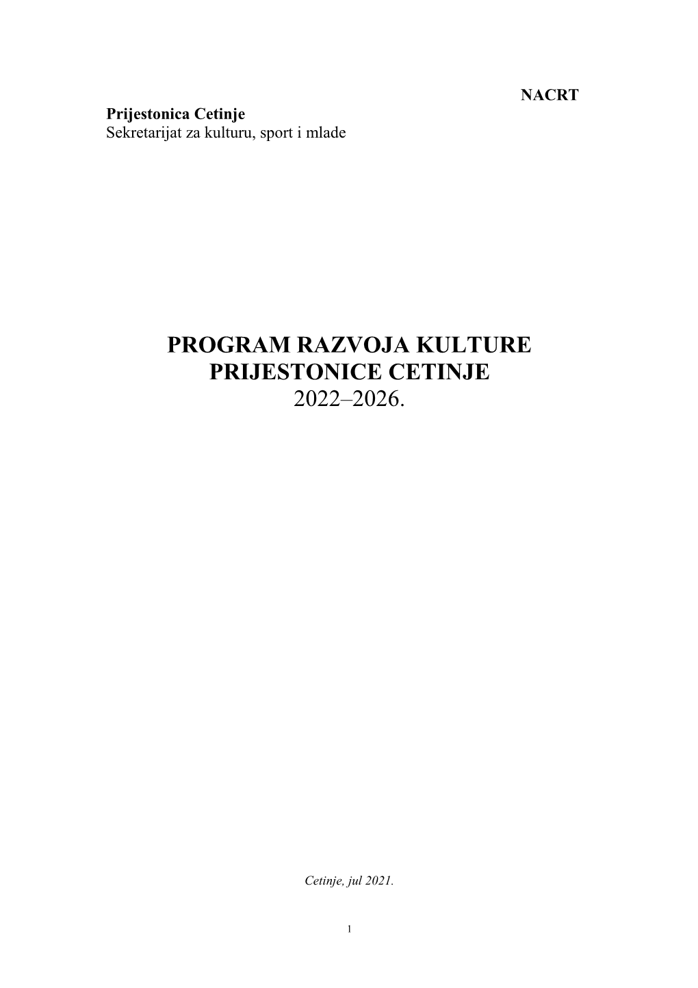 Program Razvoja Kulture Prijestonice Cetinje 2022–2026