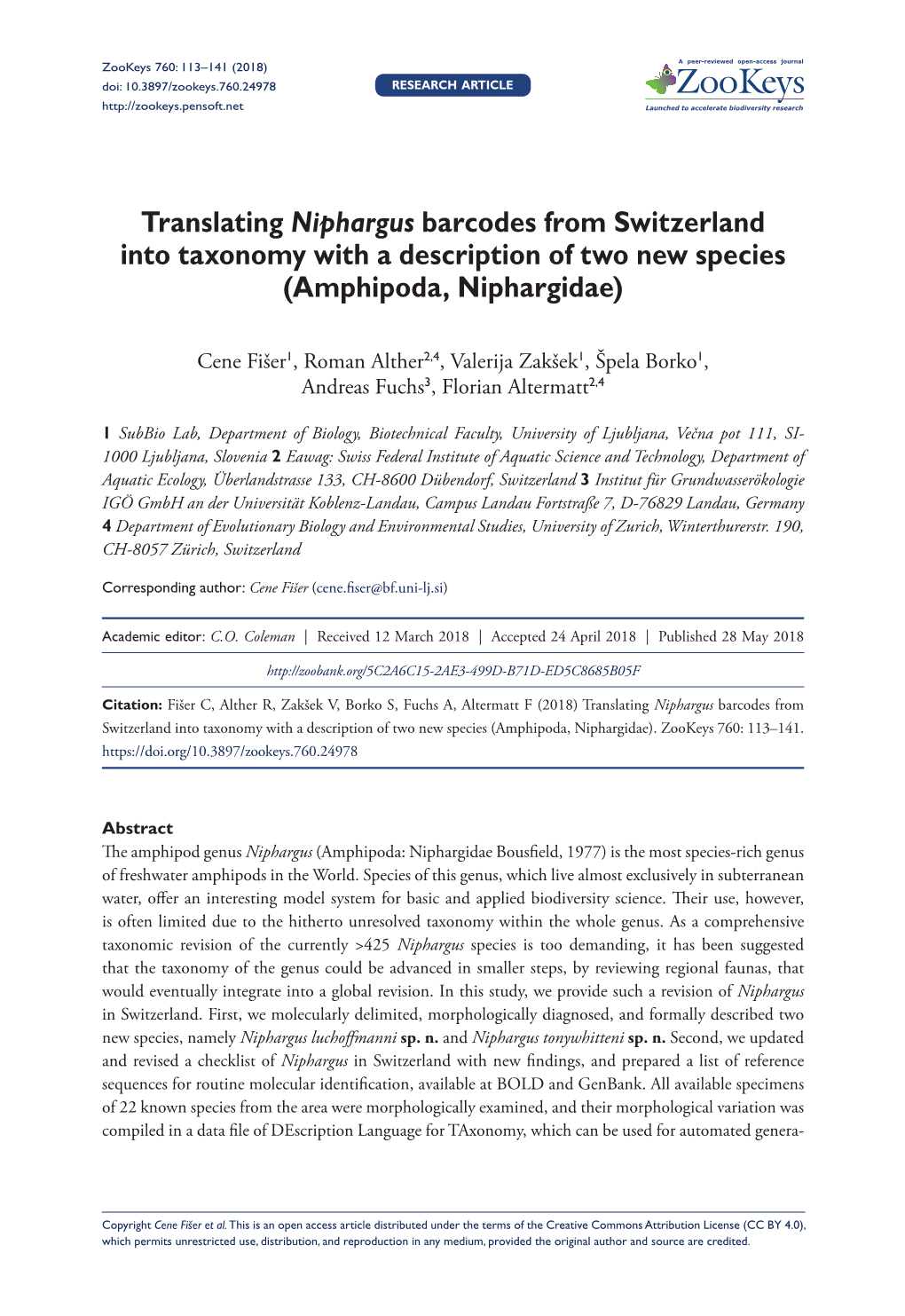 ﻿Translating Niphargus Barcodes from Switzerland Into Taxonomy with A