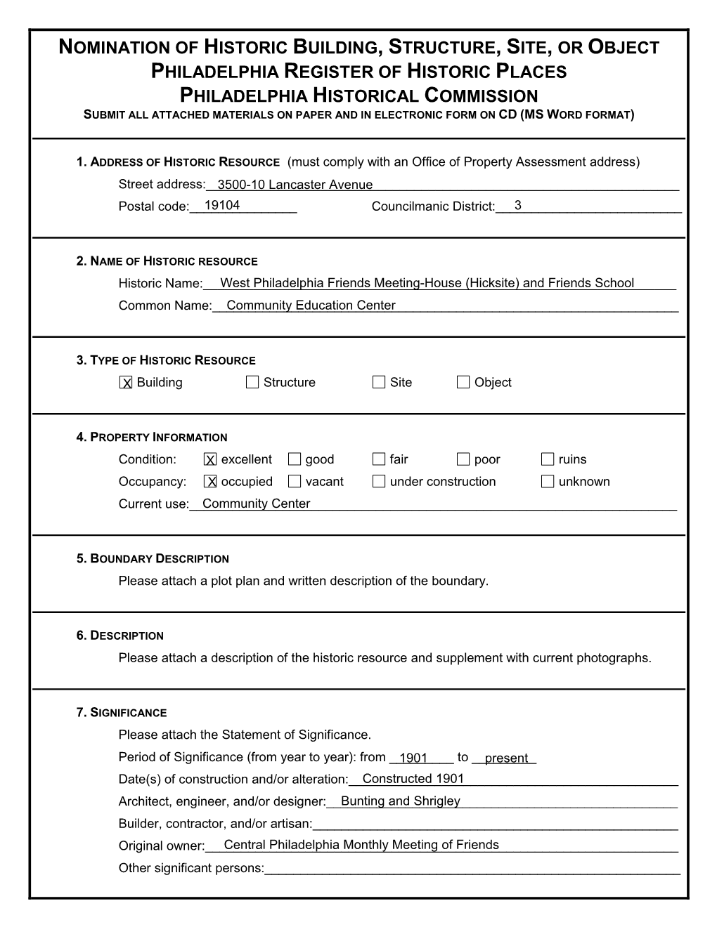 Philadelphia Historical Commission Submit All Attached Materials on Paper and in Electronic Form on Cd (Ms Word Format)