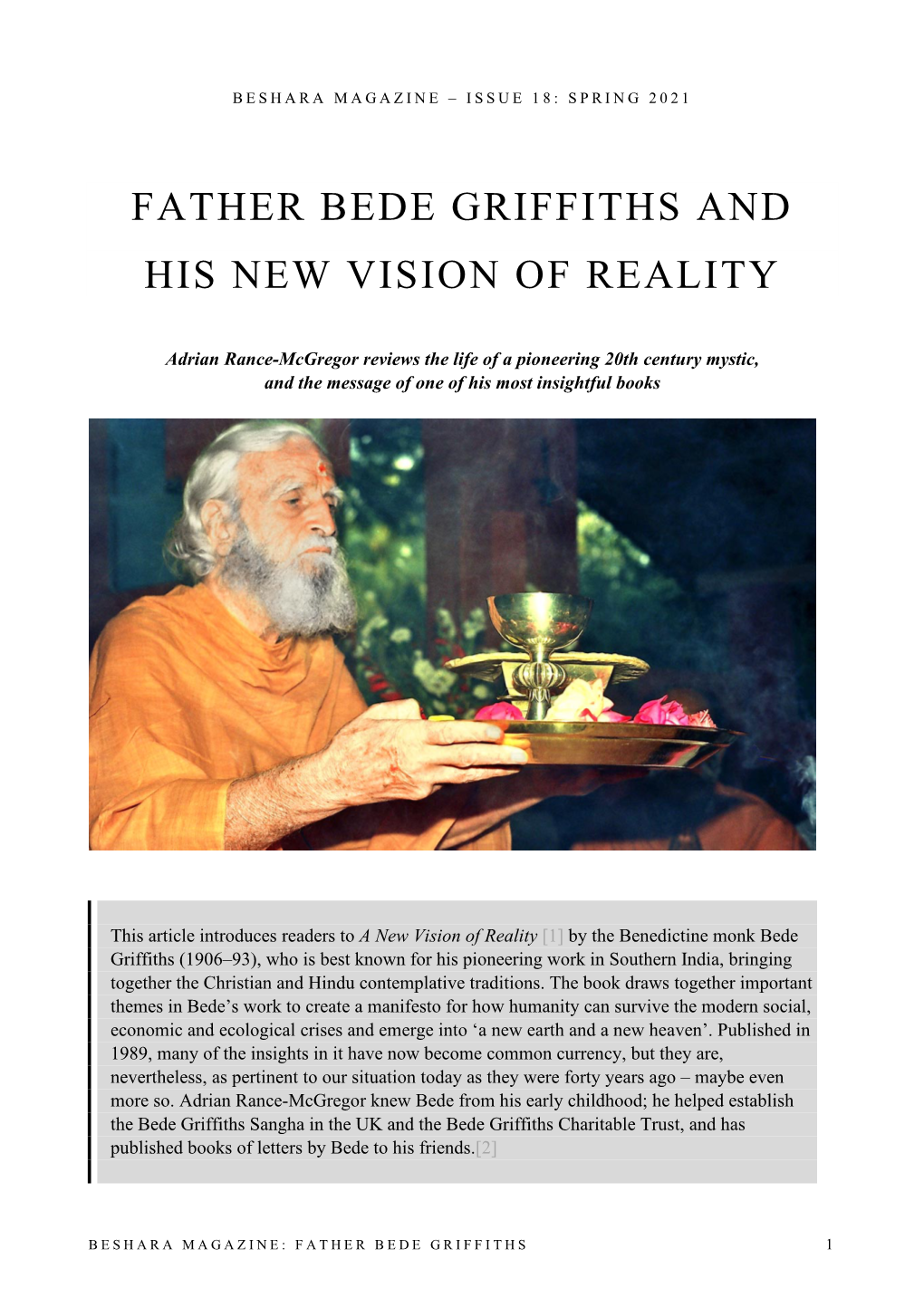Father Bede Griffiths and His New Vision of Reality