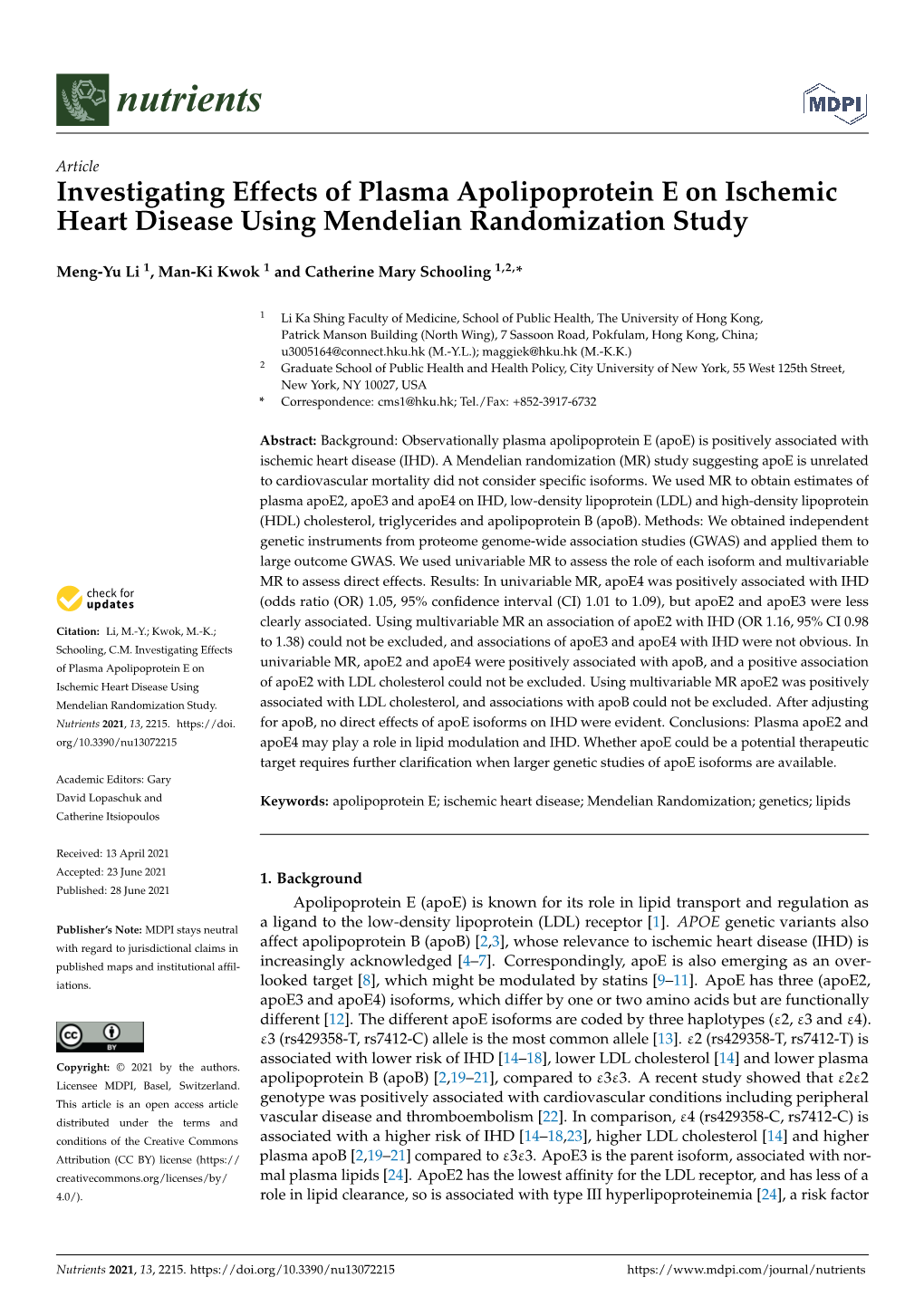 Investigating Effects of Plasma Apolipoprotein E on Ischemic Heart Disease Using Mendelian Randomization Study