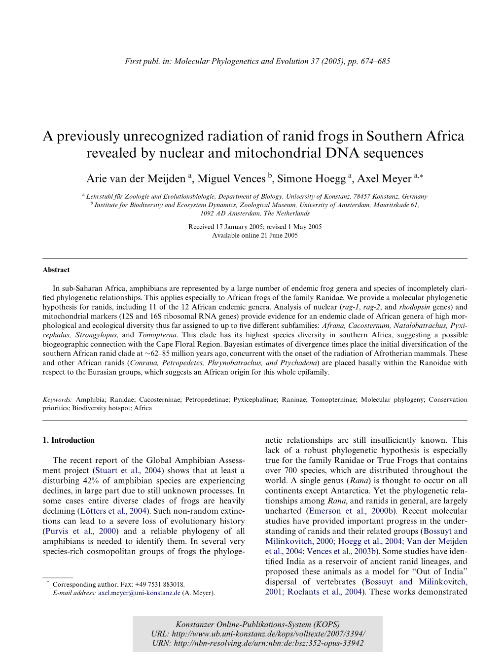 A Previously Unrecognized Radiation of Ranid Frogs in Southern Africa Revealed by Nuclear and Mitochondrial DNA Sequences