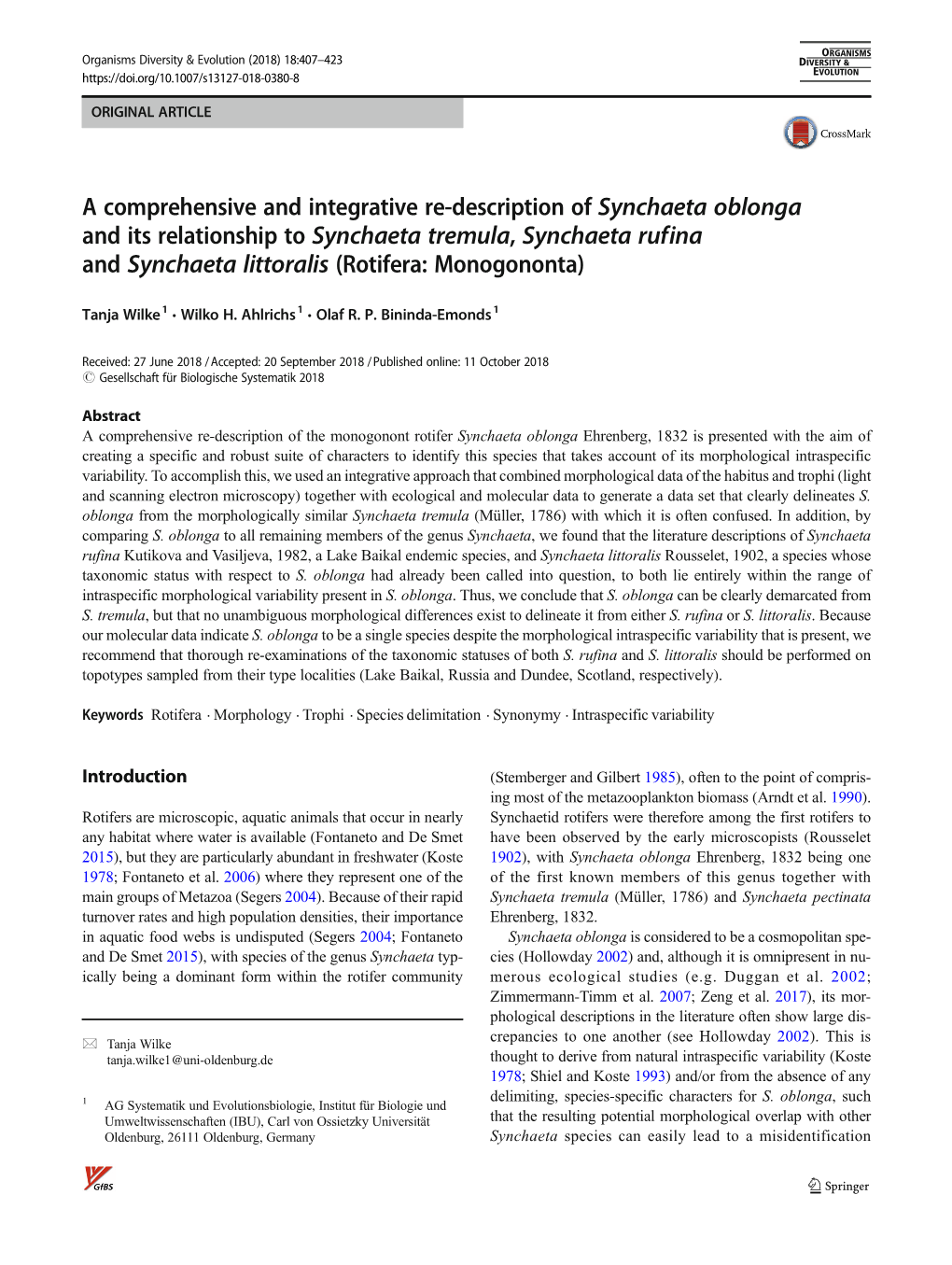 A Comprehensive and Integrative Re-Description of Synchaeta Oblonga and Its Relationship to Synchaeta Tremula, Synchaeta Rufina