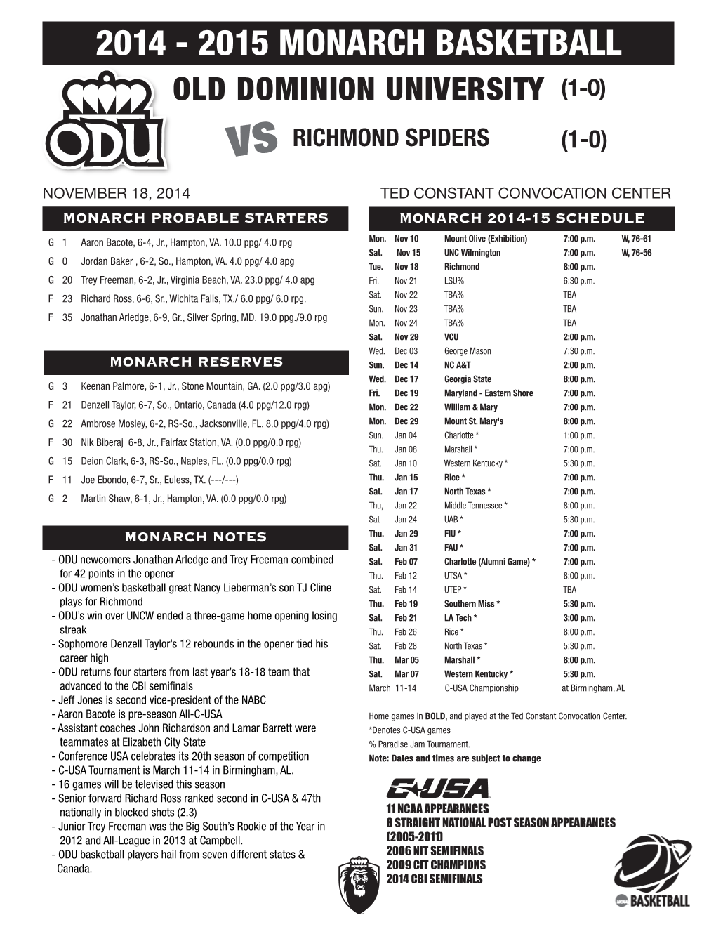 2014 - 2015 MONARCH BASKETBALL OLD DOMINION UNIVERSITY (1-0) Vs RICHMOND SPIDERS (1-0)