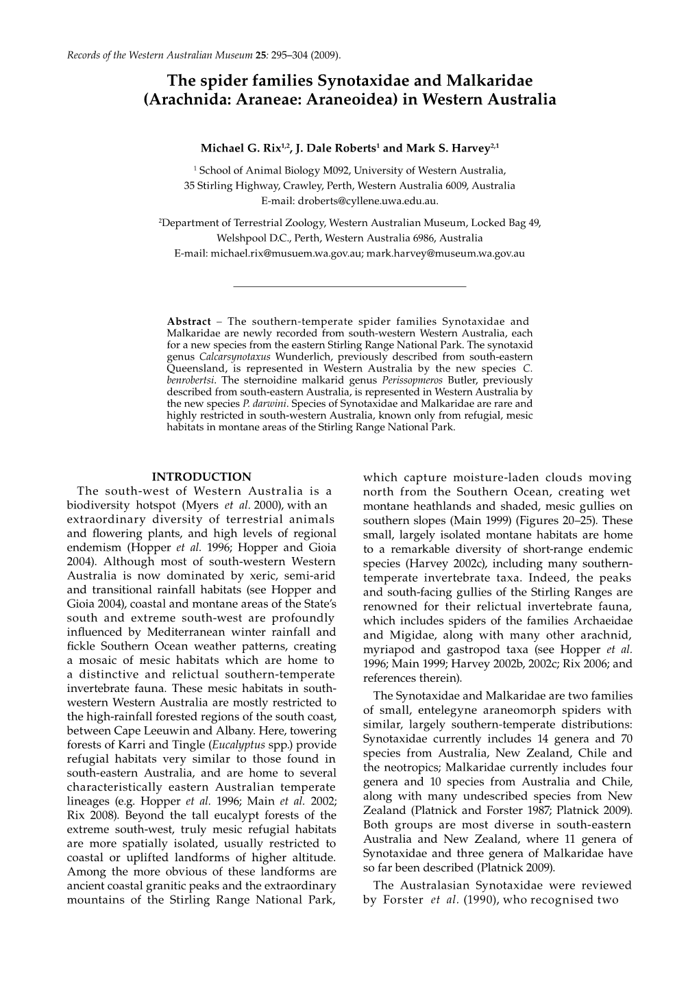 The Spider Families Synotaxidae and Malkaridae (Arachnida: Araneae: Araneoidea) in Western Australia