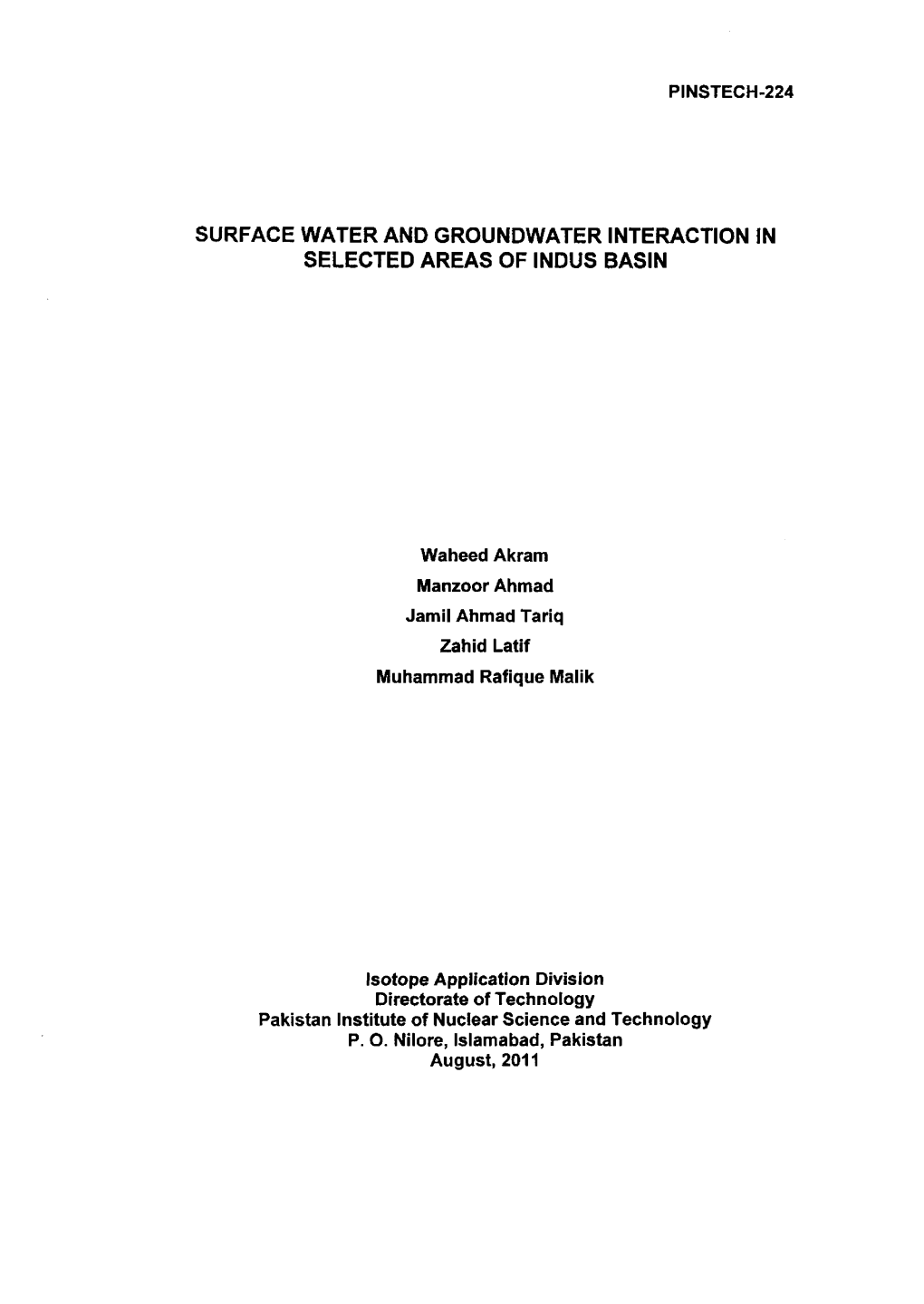 Surface Water and Groundwater Interaction in Selected Areas of Indus Basin