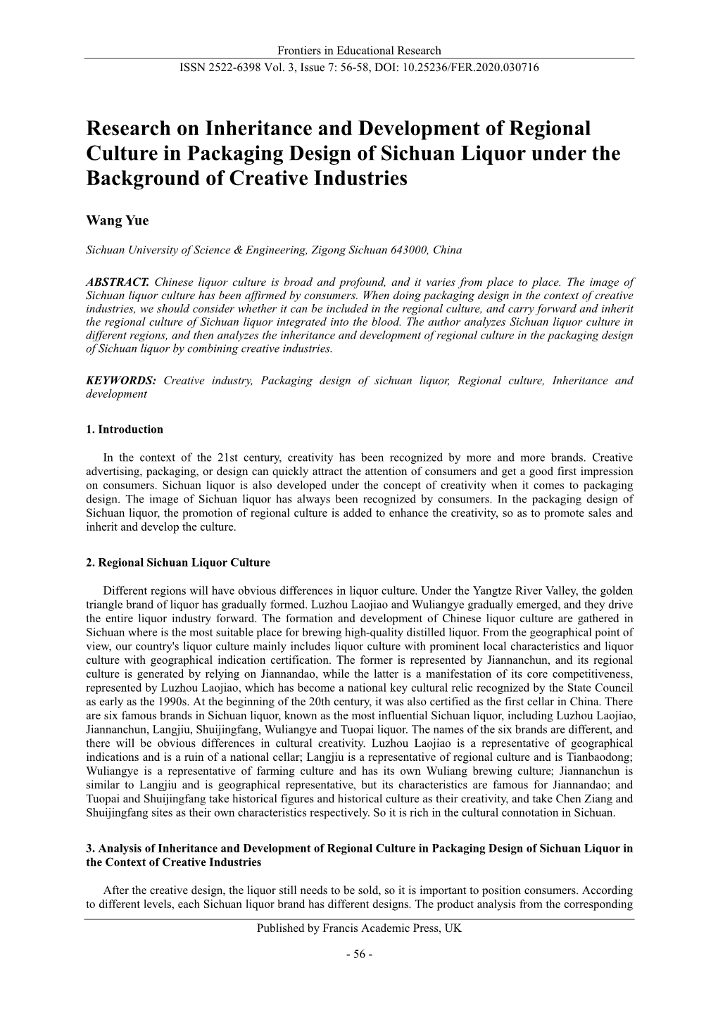Research on Inheritance and Development of Regional Culture in Packaging Design of Sichuan Liquor Under the Background of Creative Industries
