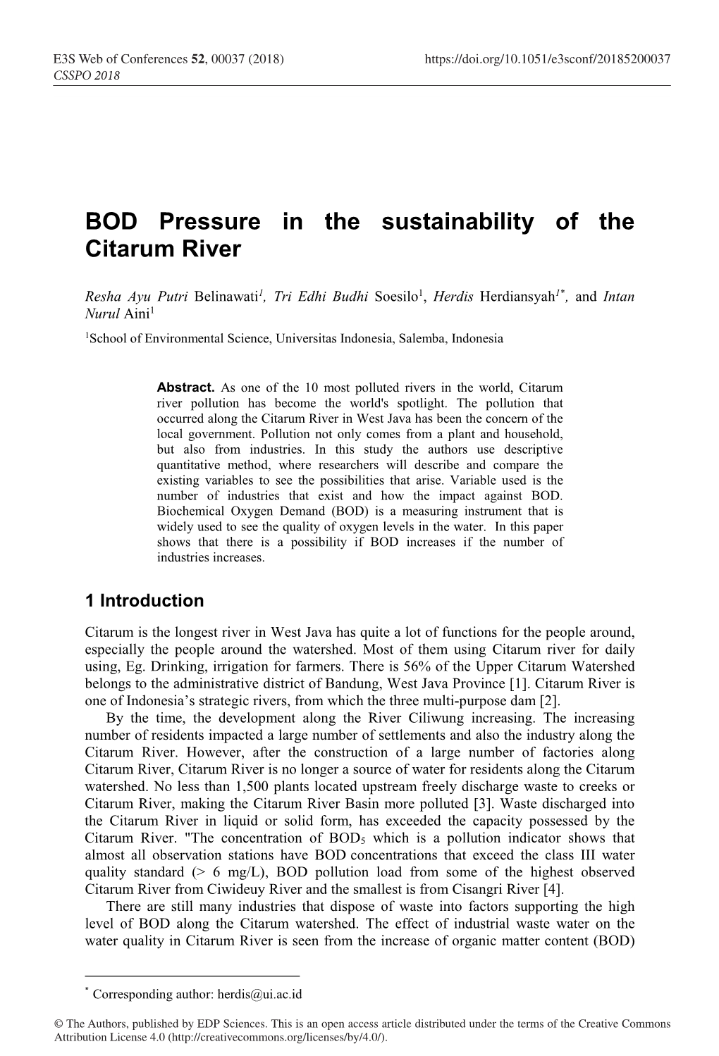 BOD Pressure in the Sustainability of the Citarum River