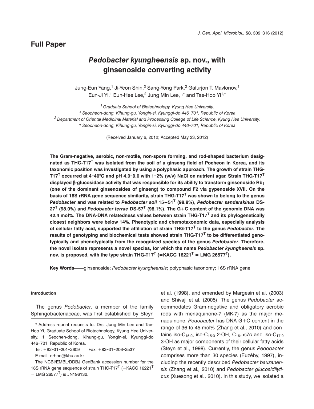 Pedobacter Kyungheensis Sp. Nov., with Ginsenoside Converting Activity