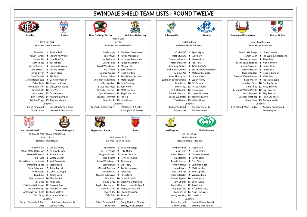 Swindale Shield Team Lists - Round Twelve