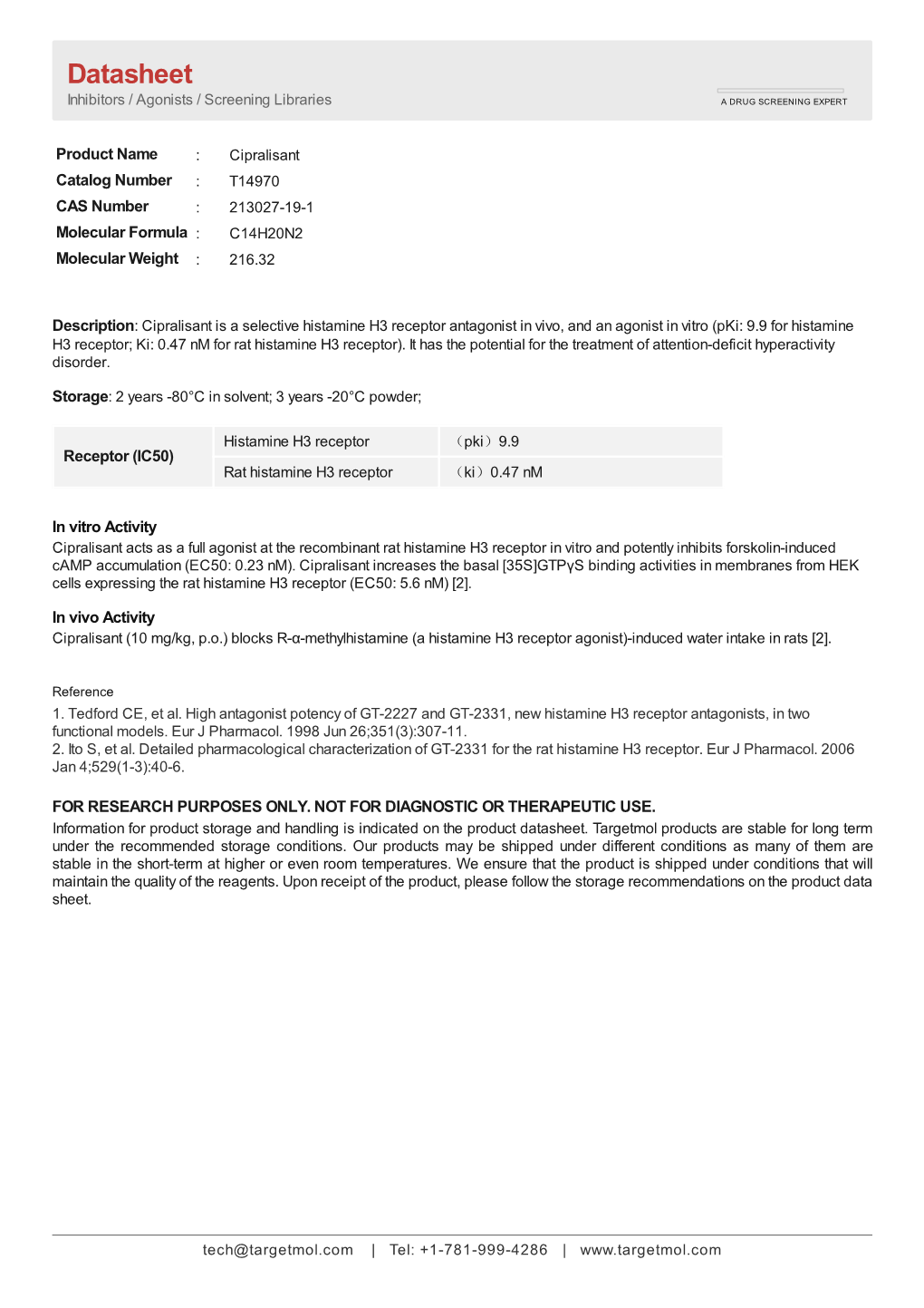 Datasheet Inhibitors / Agonists / Screening Libraries a DRUG SCREENING EXPERT