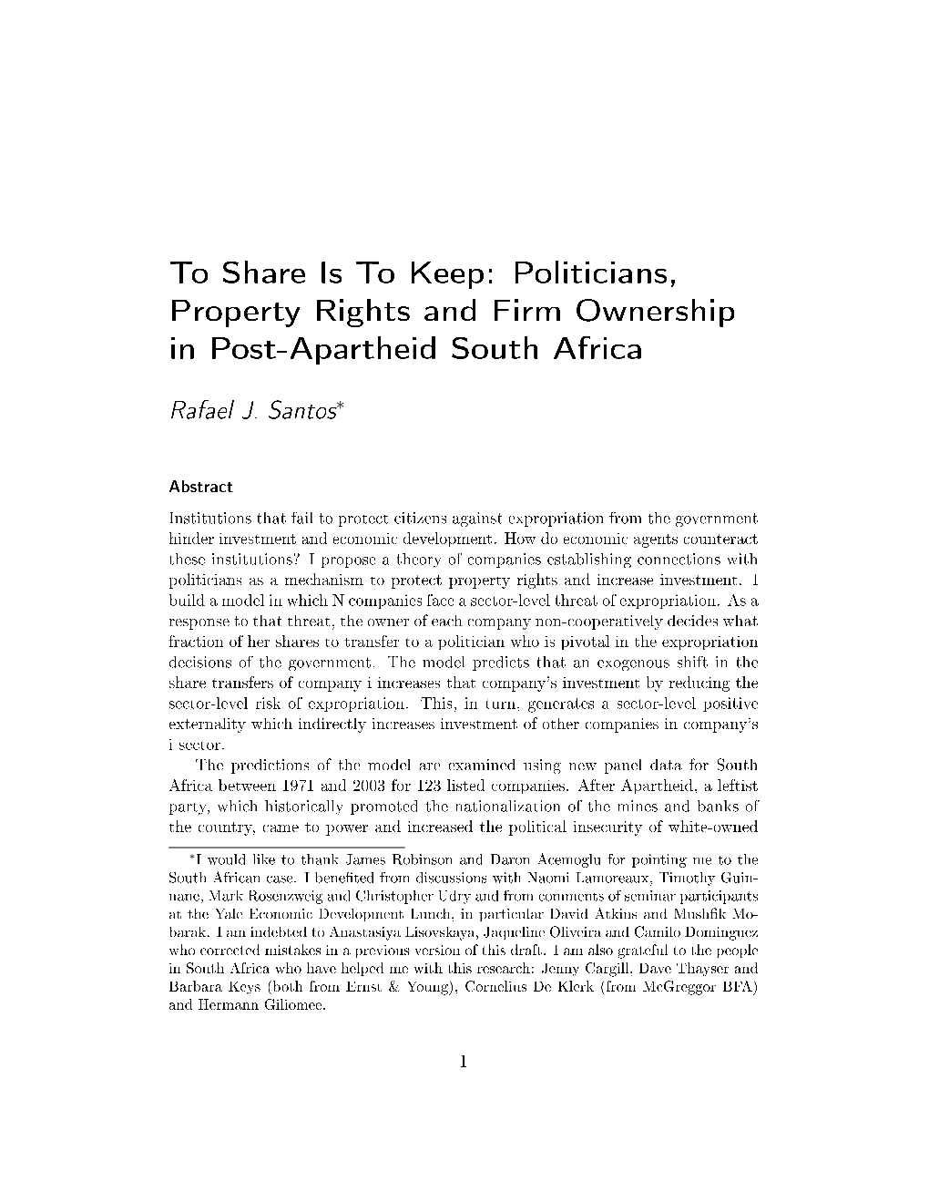 Politicians, Property Rights and Firm Ownership in Post-Apartheid South Africa