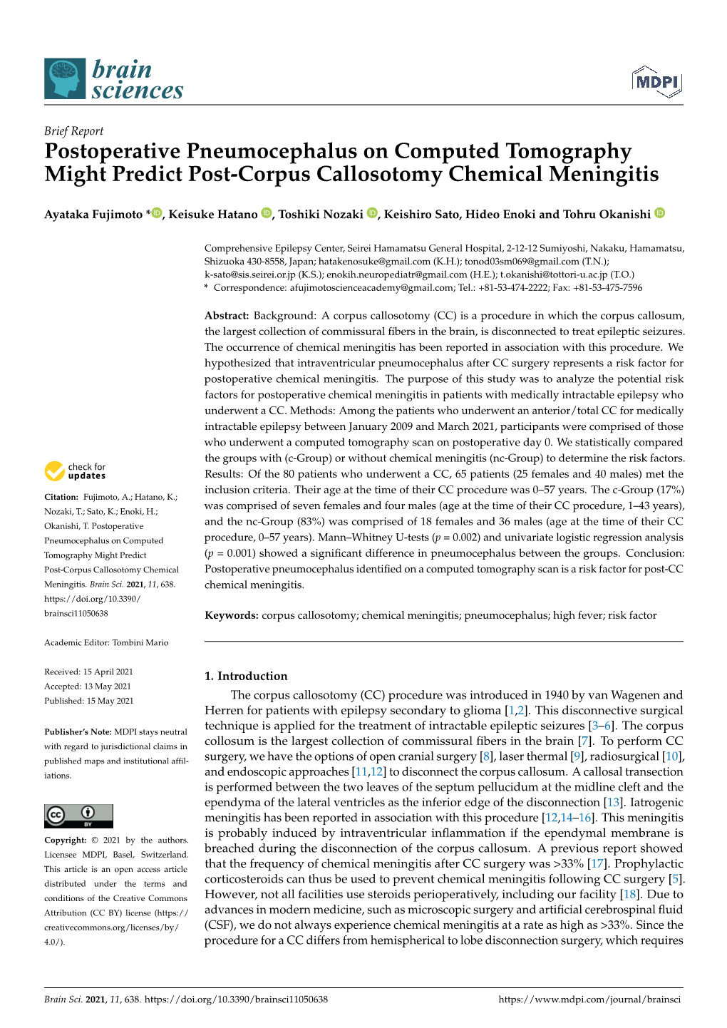 Postoperative Pneumocephalus on Computed Tomography Might Predict Post-Corpus Callosotomy Chemical Meningitis