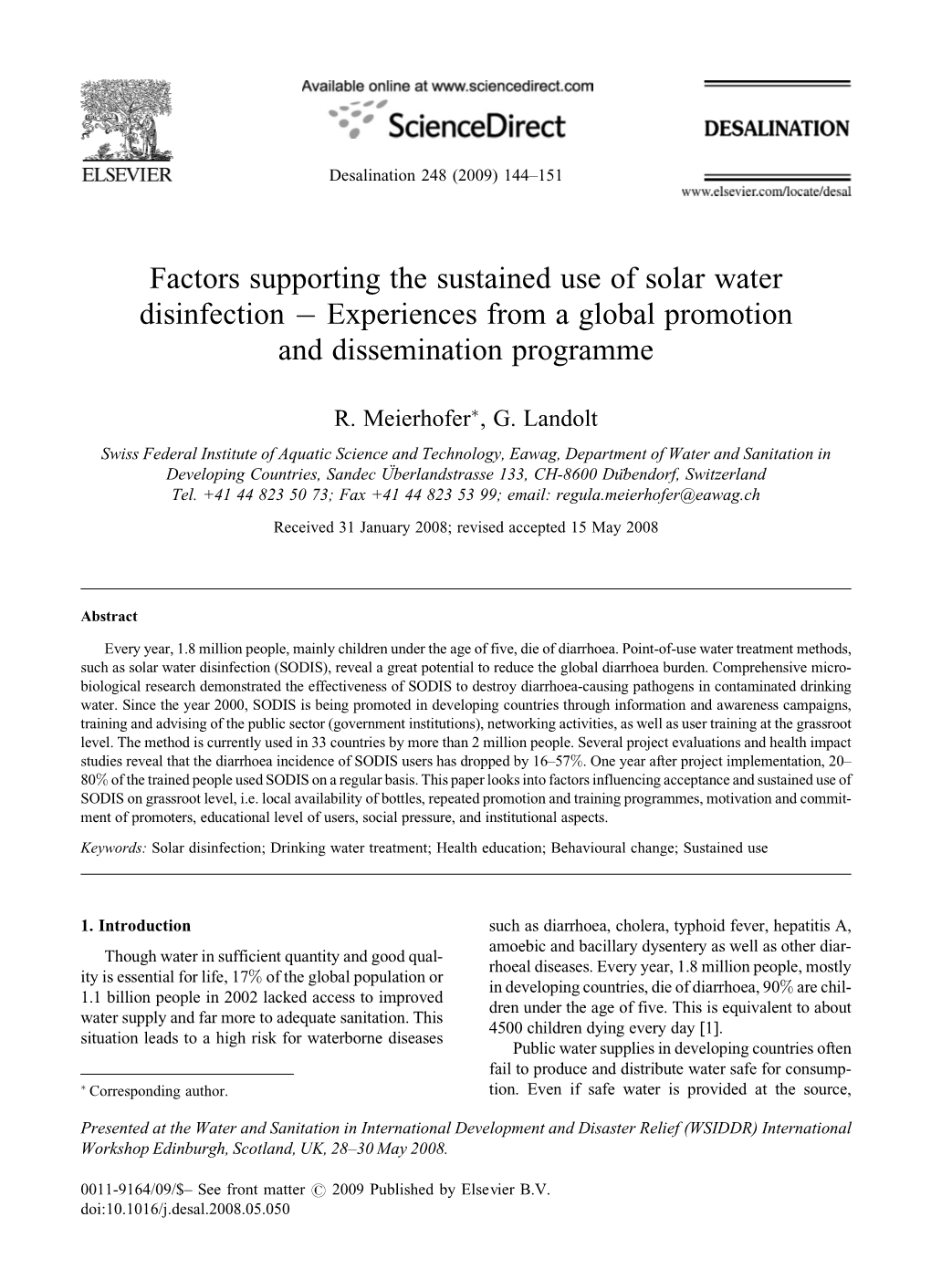 Factors Supporting the Sustained Use of Solar Water Disinfection À Experiences from a Global Promotion and Dissemination Programme