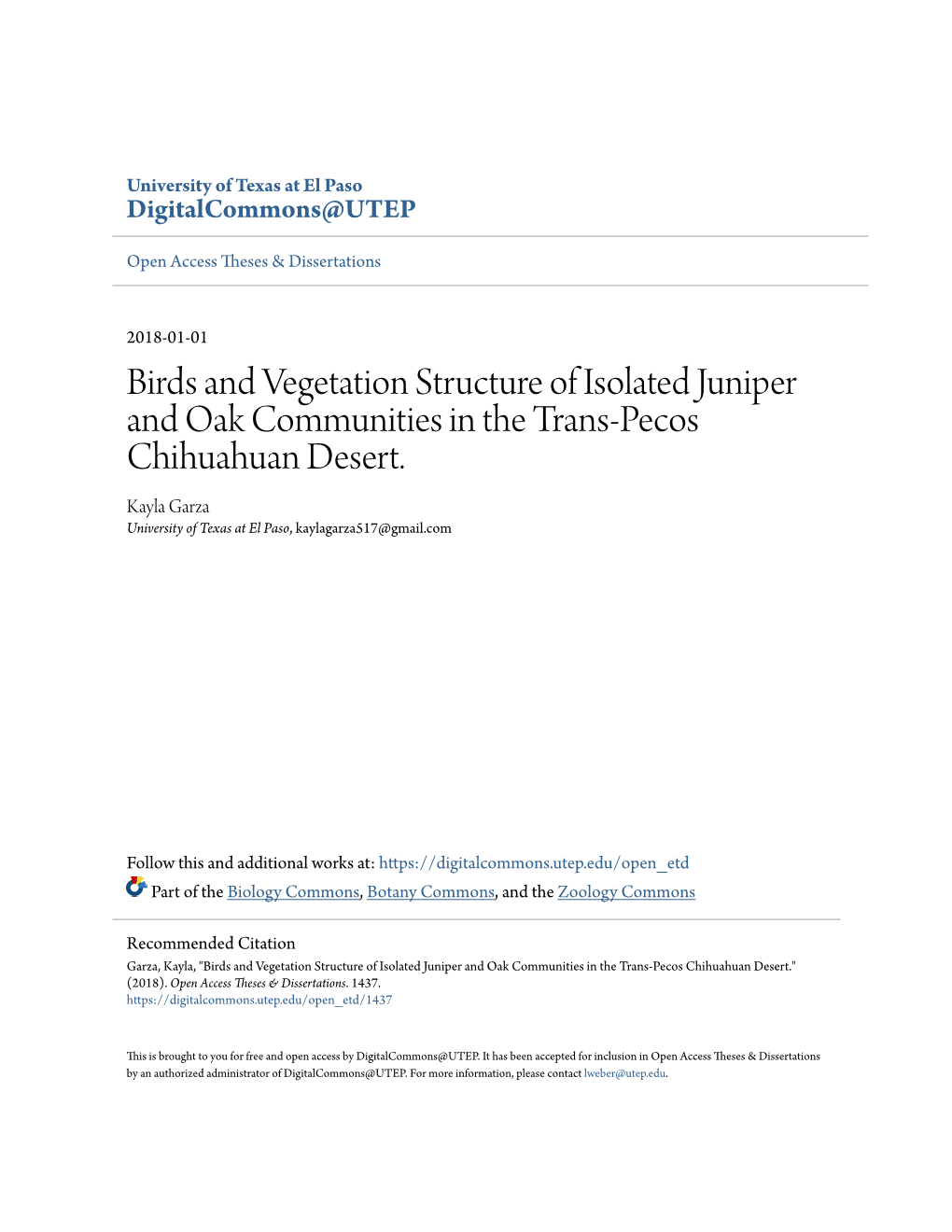 Birds and Vegetation Structure of Isolated Juniper and Oak Communities in the Trans-Pecos Chihuahuan Desert