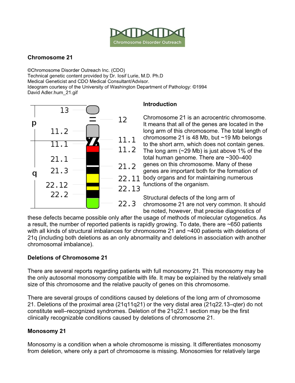 Chromosome 21 Introduction Chromosome 21 Is an Acrocentric Chromosome. It Means That All of the Genes Are Located in the Long Ar