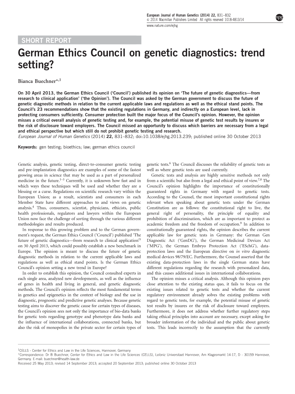 German Ethics Council on Genetic Diagnostics: Trend Setting?